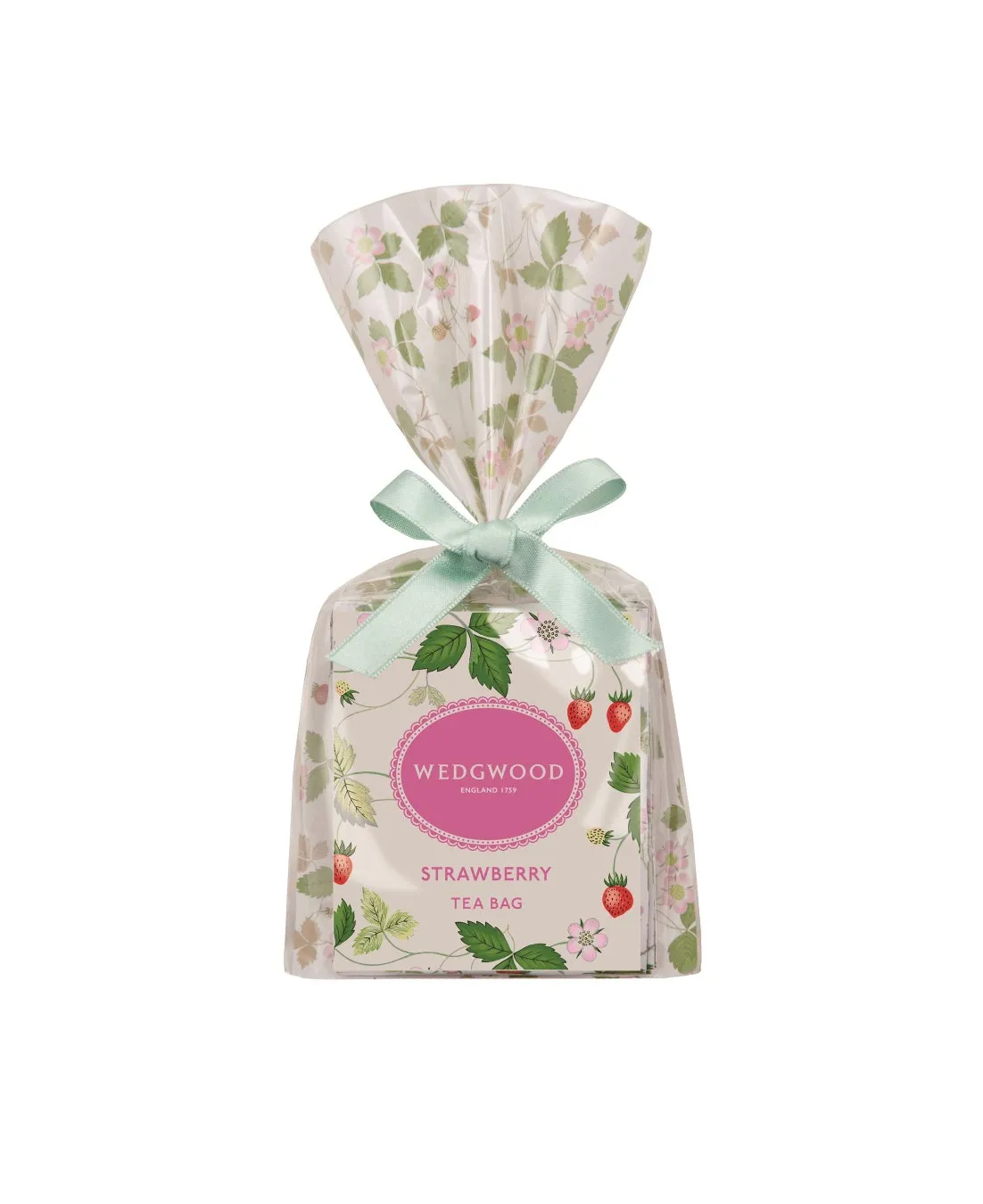 いちごのティーバッグが包装されたギフトセットの画像です。透明な包装紙で包まれ、ミントグリーンのリボンで結ばれています。包装紙にはイチゴと葉の模様が施されています。