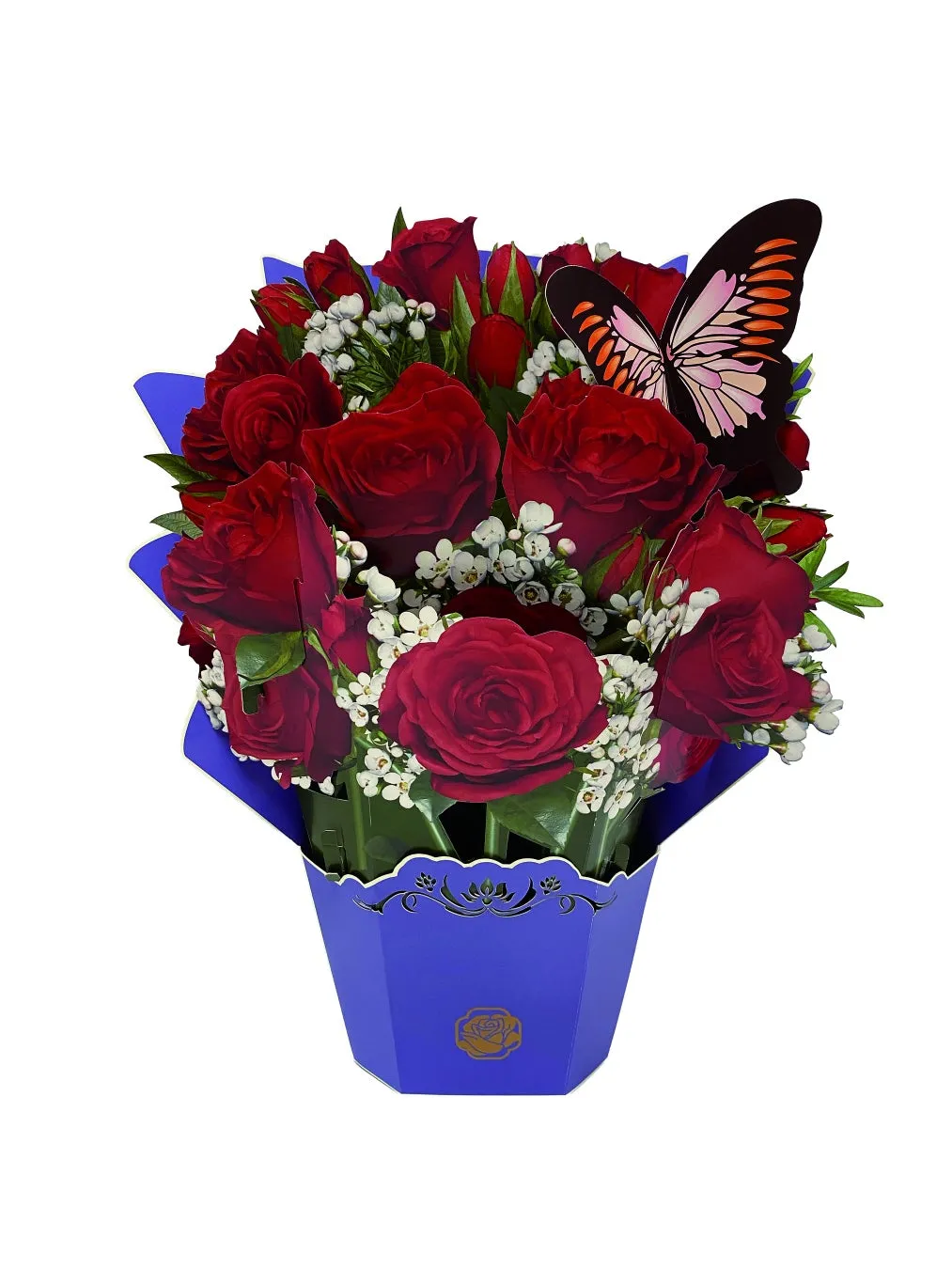 赤いバラの花束が青い箱に入っており、蝶の飾りが添えられています。