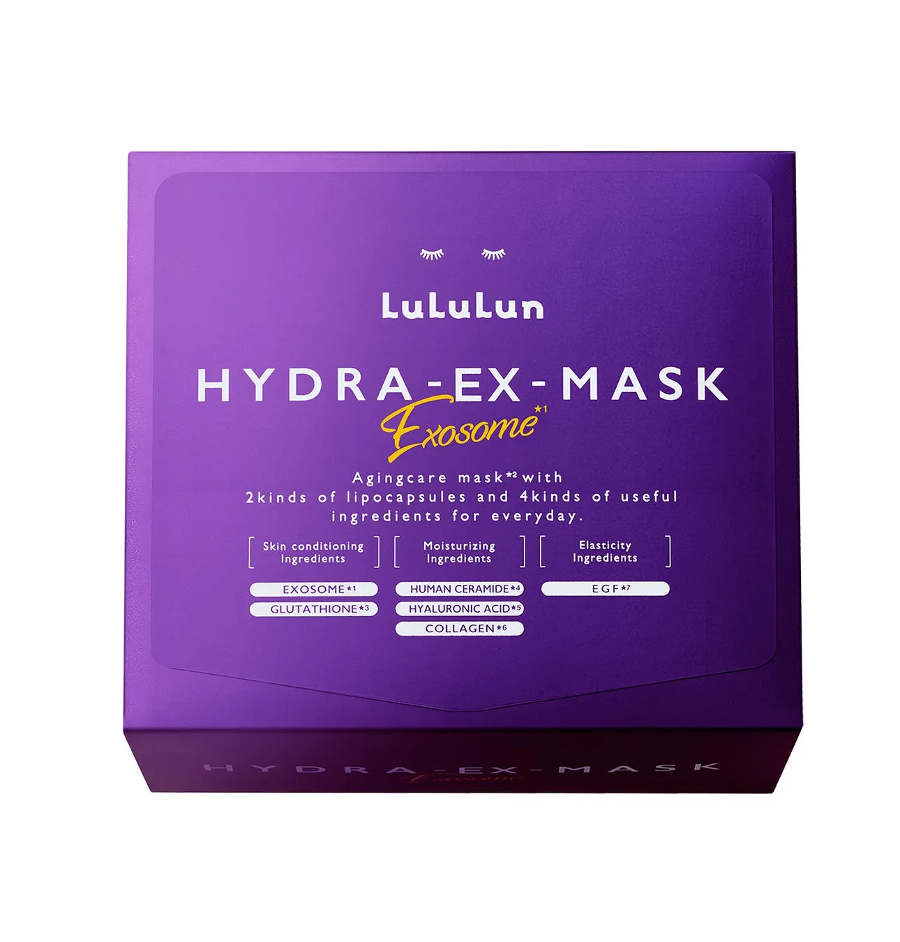 LululunのHYDRA-EX-MASKのパッケージ。紫色の背景に、製品名、成分、そして説明が記載されている。