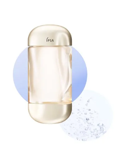 イプサの化粧品のボトルが写った画像。ボトルは円筒形で、上部と下部は丸みを帯びています。背景には水色の円と水のイメージがあります。