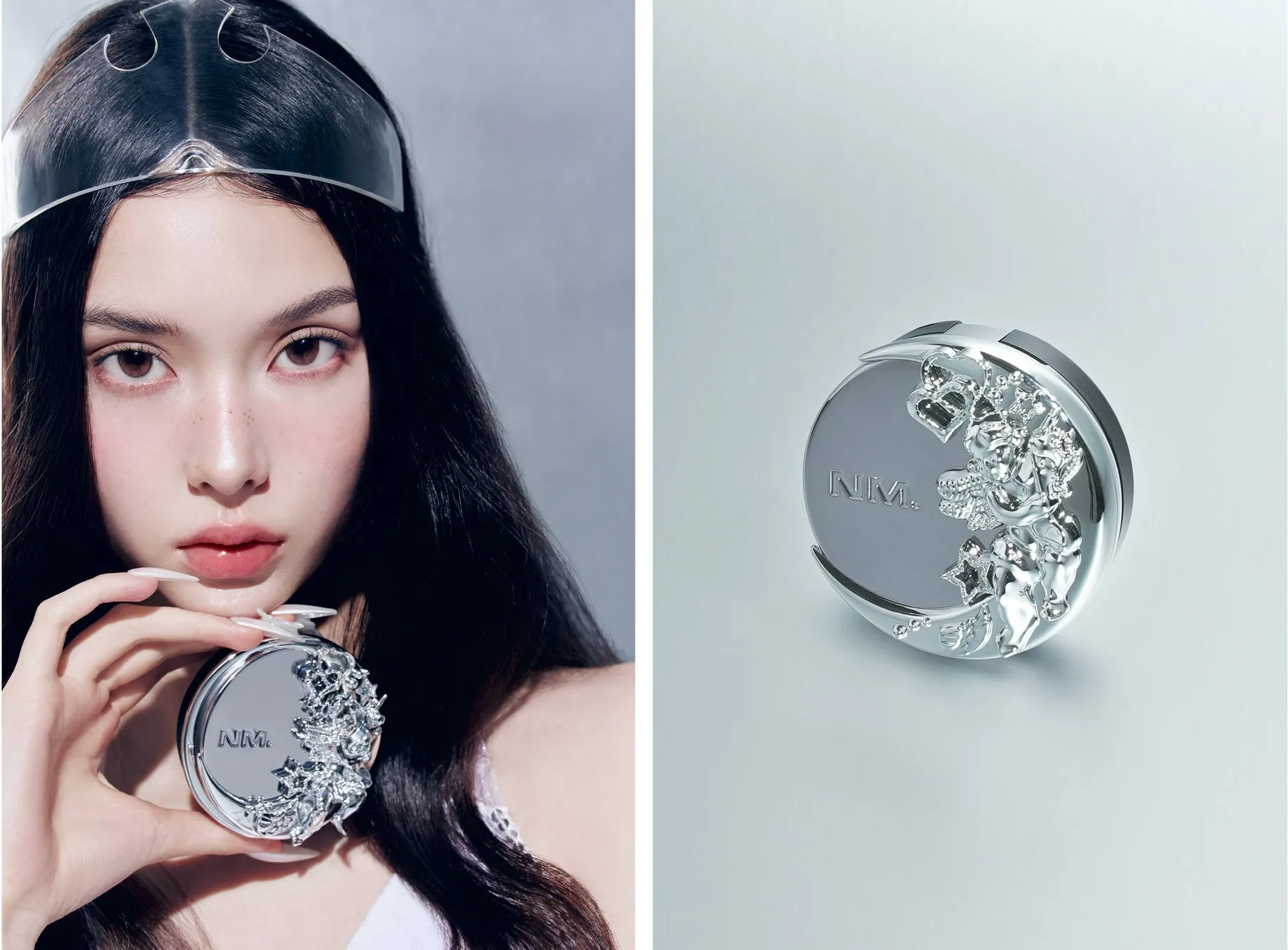 女性が化粧品ケースを持ち、顔のアップとケースのクローズアップを撮影した画像です。ケースには「NM」の文字と装飾が施されています。