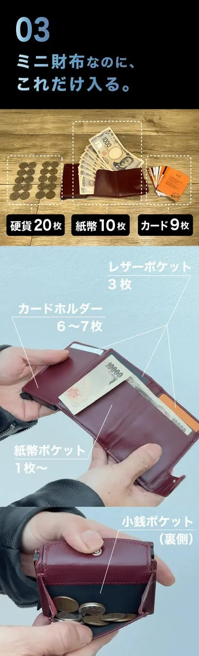 ミニ財布の収納力を紹介する画像。硬貨、紙幣、カード、ポケットの収納量が表示されている。