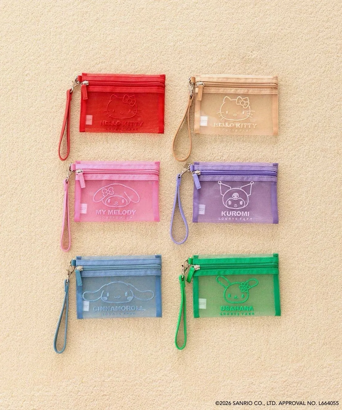 サンリオキャラクターのポーチが6種類並んだ写真