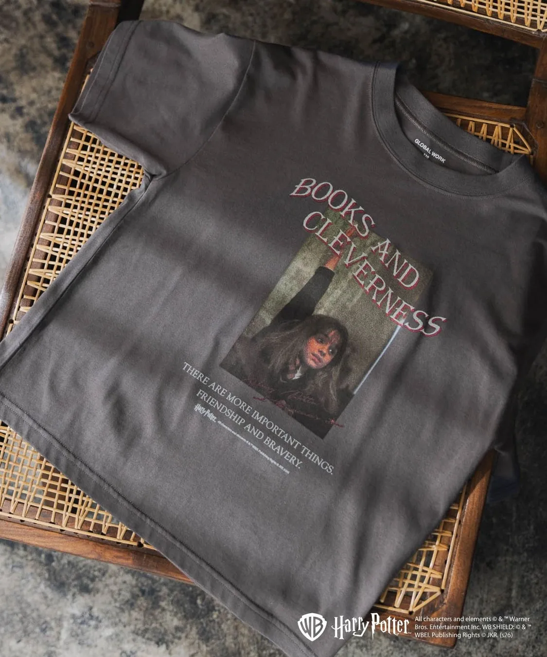 ハリーポッターのイラストがプリントされたグレーのTシャツ。Tシャツには「BOOKS AND CLEVERNESS」の文字と、「THERE ARE MORE IMPORTANT THINGS. FRIENDSHIP AND BRAVERY」のメッセージが書かれている。
