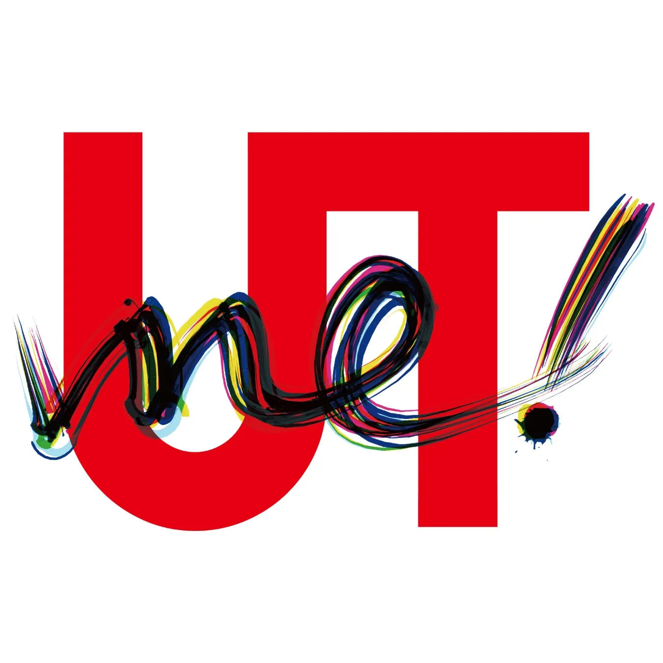 赤色の「UT」の文字の上に、カラフルな筆致で「me!」が描かれたロゴデザイン
