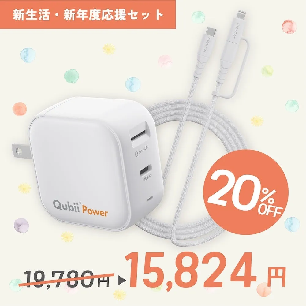 白を基調とした充電器とケーブルのセットの画像。オレンジ色の丸の中に20%OFFの文字。価格が表示されている。