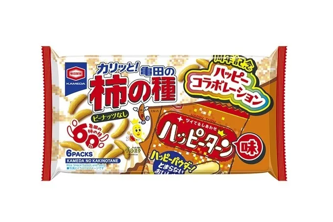 亀田製菓の柿の種とハッピーターンのコラボレーションパッケージ。6パック入り。ピーナッツなし。