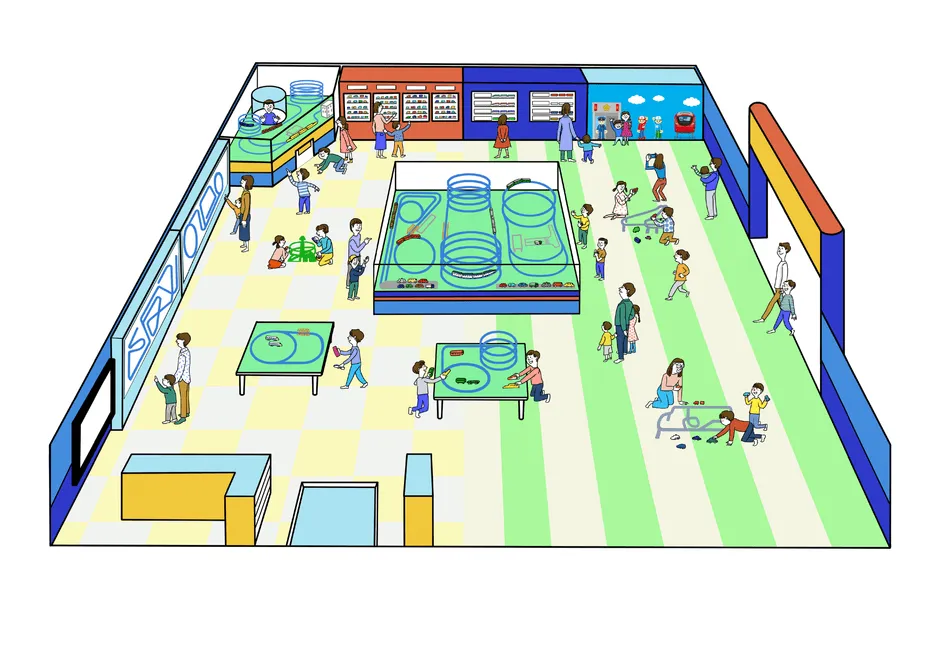 電車のおもちゃで遊ぶ子供たちのイラスト
