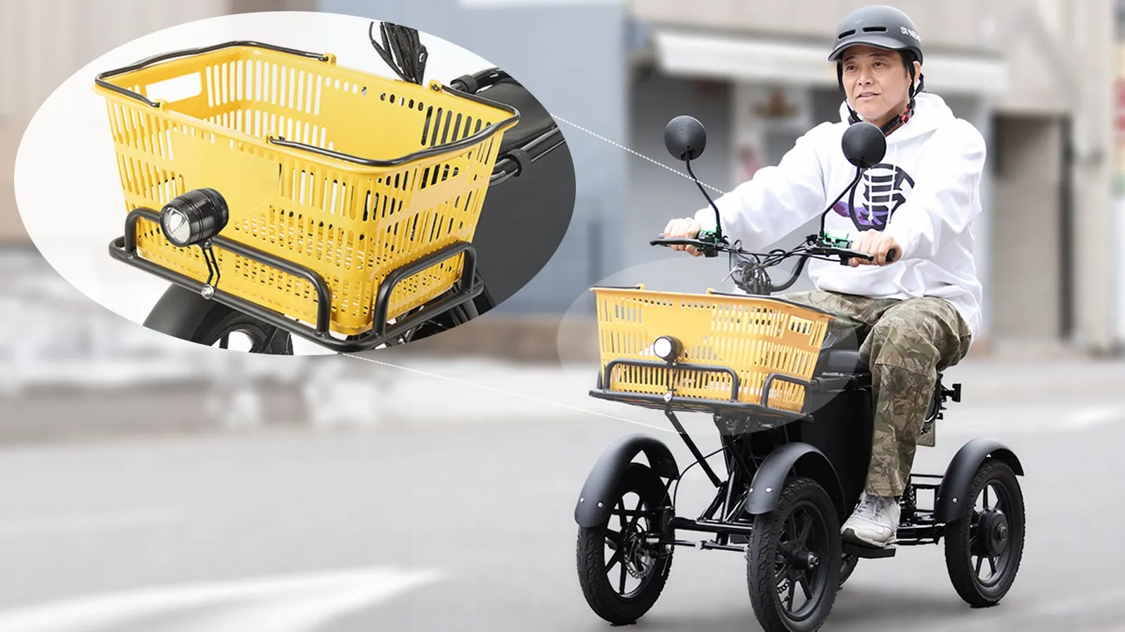 電動三輪バイクに乗る男性と買い物袋