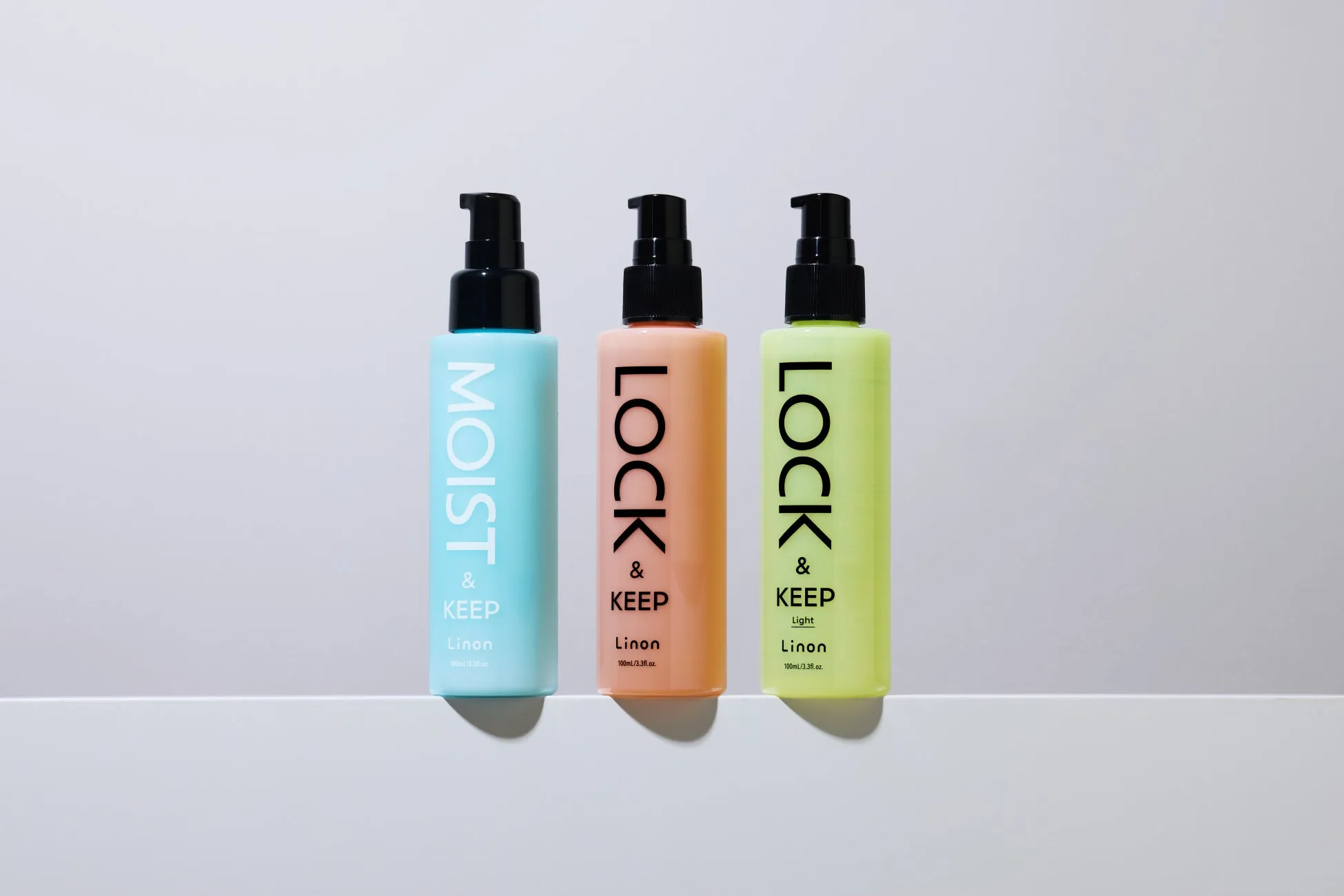 3本のヘアケア製品（MOIST & KEEP, LOCK & KEEP, LOCK & KEEP Light）