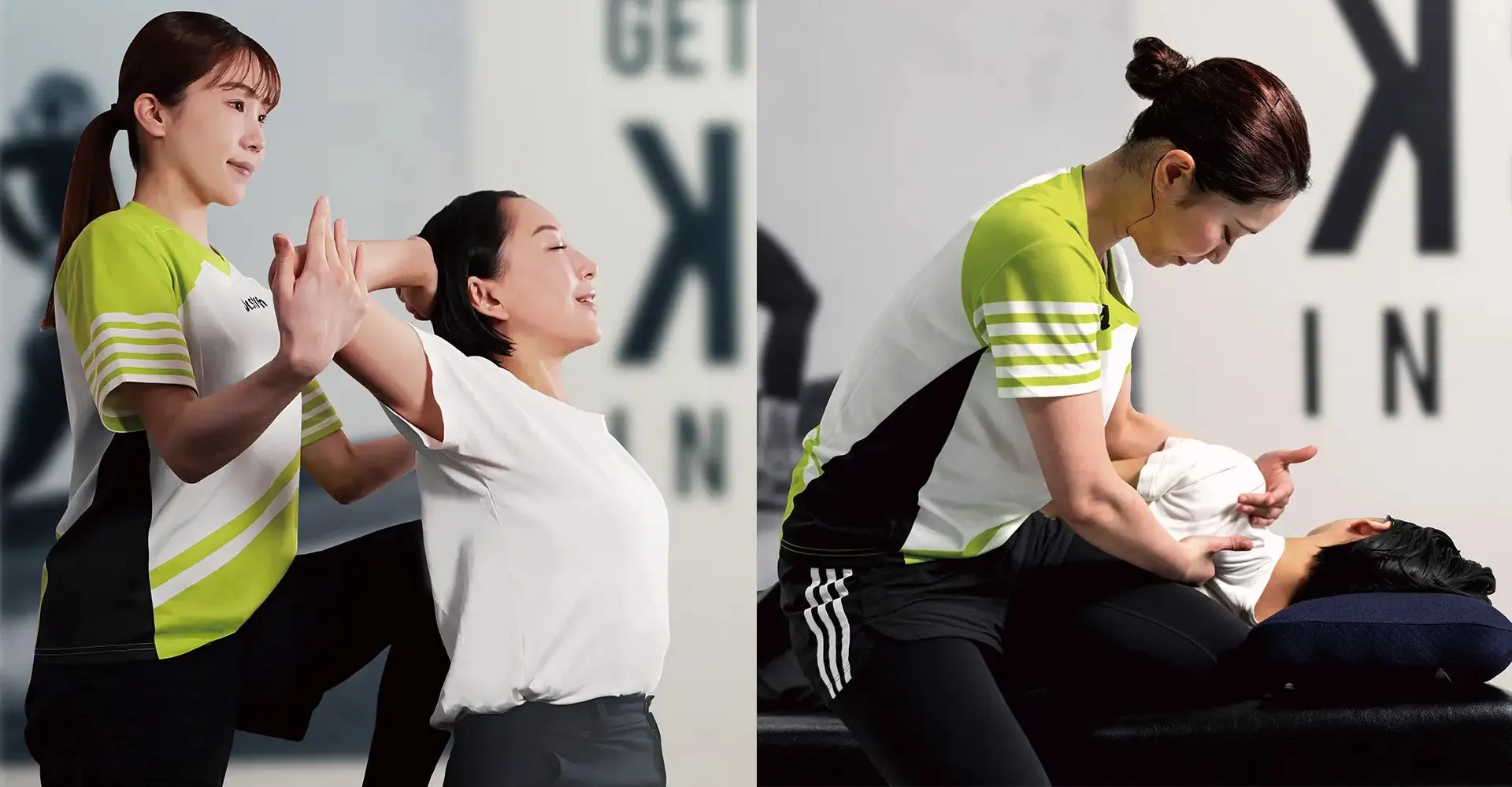 女性がストレッチや施術を受けている様子を写した画像です。2人の女性が写っており、一人は施術者、もう一人は患者のようです。施術者は、緑と白のスポーツウェアを着ており、患者は白いTシャツを着ています。