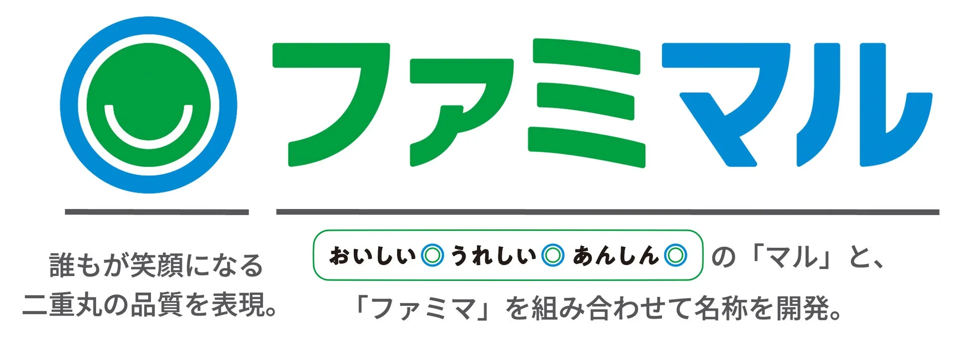ファミマルのロゴ。二重丸のデザインと、おいしい、うれしい、あんしんといったキーワードが記載されている。