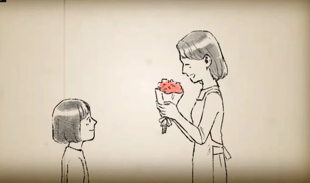 母親に花束を渡す子供のイラスト