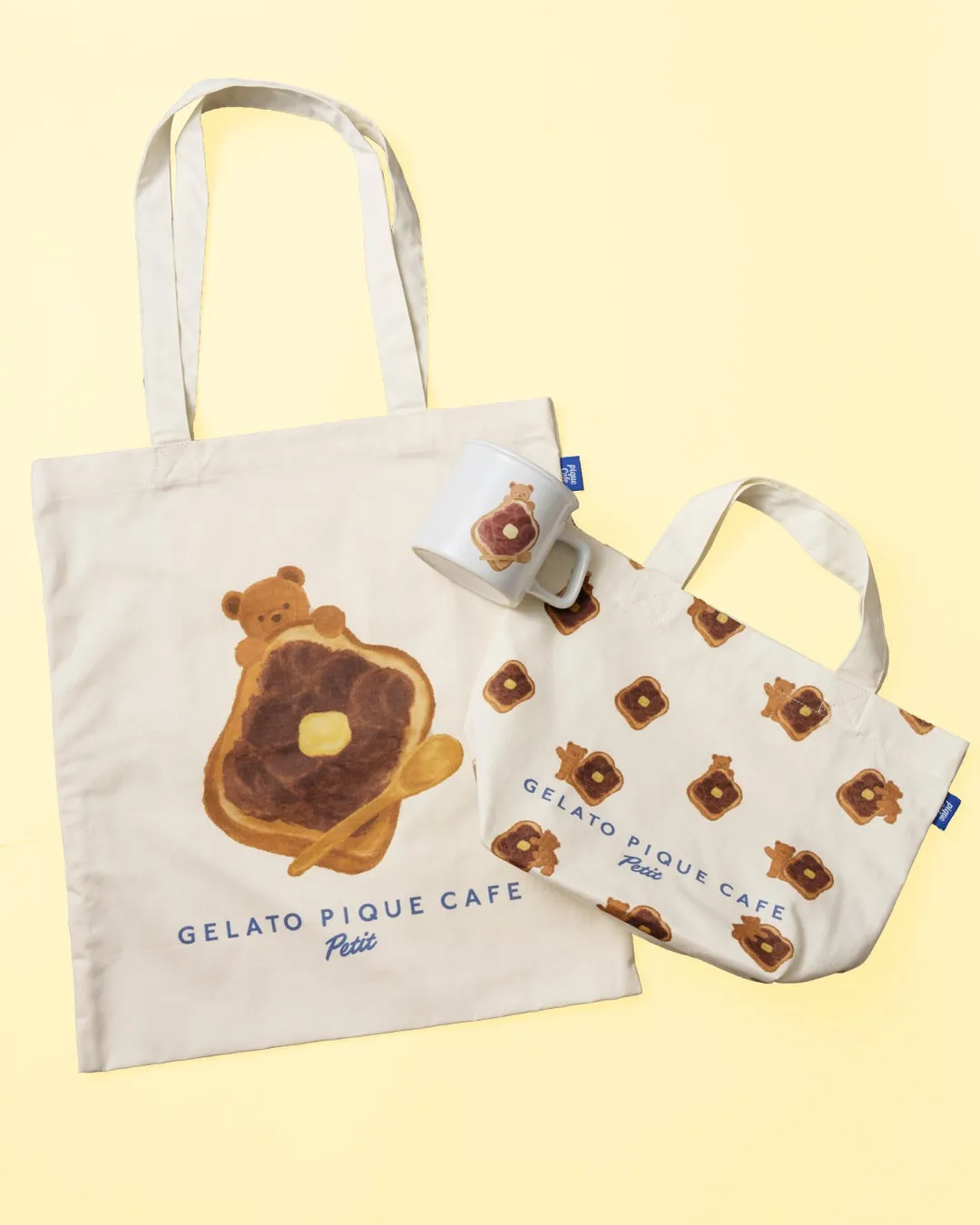 ジェラートピケカフェのトートバッグ、マグカップ、ミニトートバッグのセット