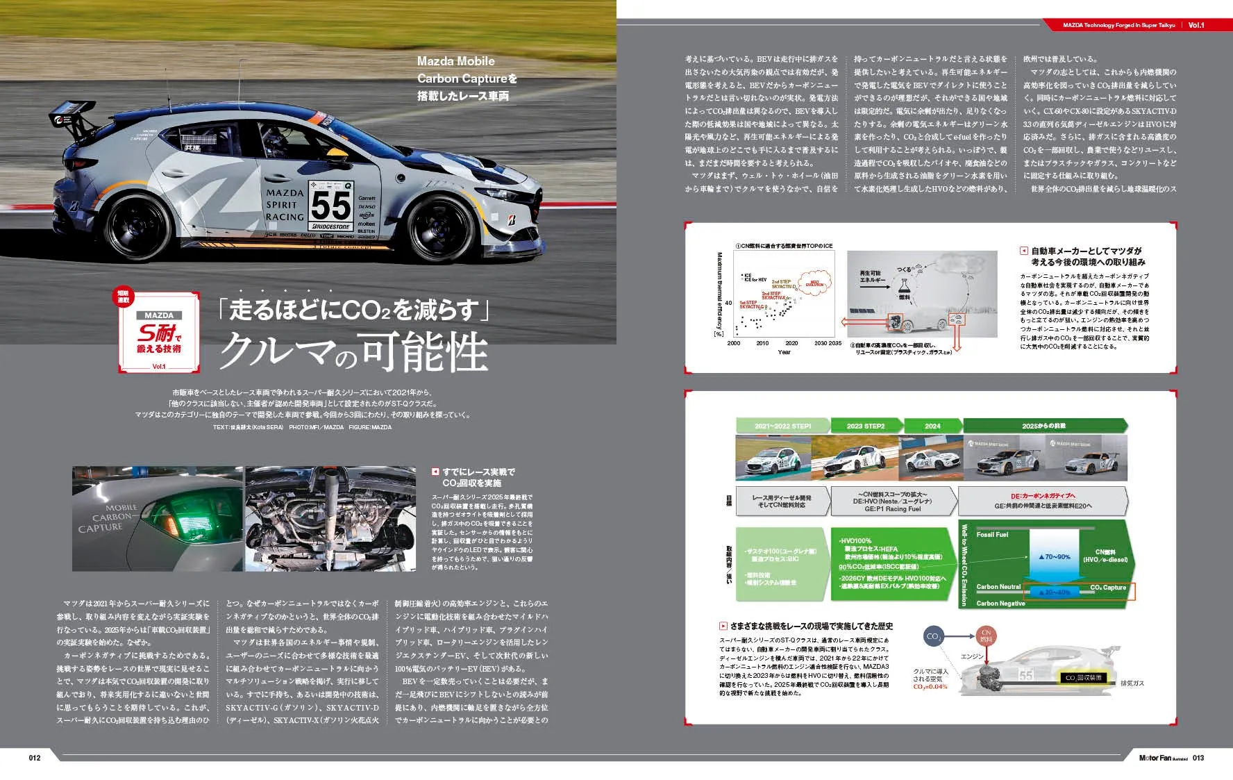 マツダがスーパー耐久シリーズに参戦し、カーボンニュートラル燃料やCO2回収装置を搭載したレース車両の開発と、その技術を紹介する記事。