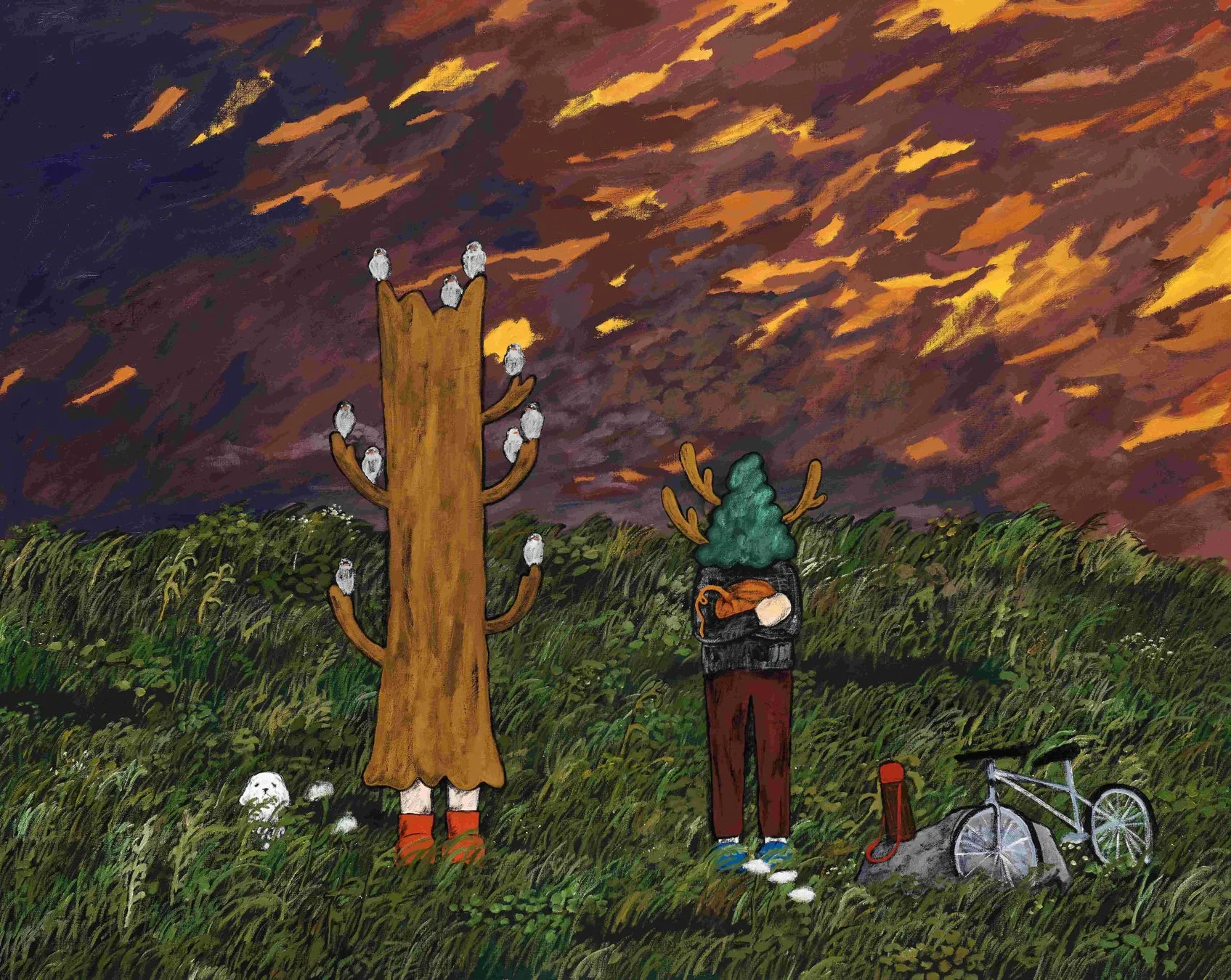 夕焼け空の下、木と鹿の角のようなものと木の葉のようなものと自転車が描かれたイラスト