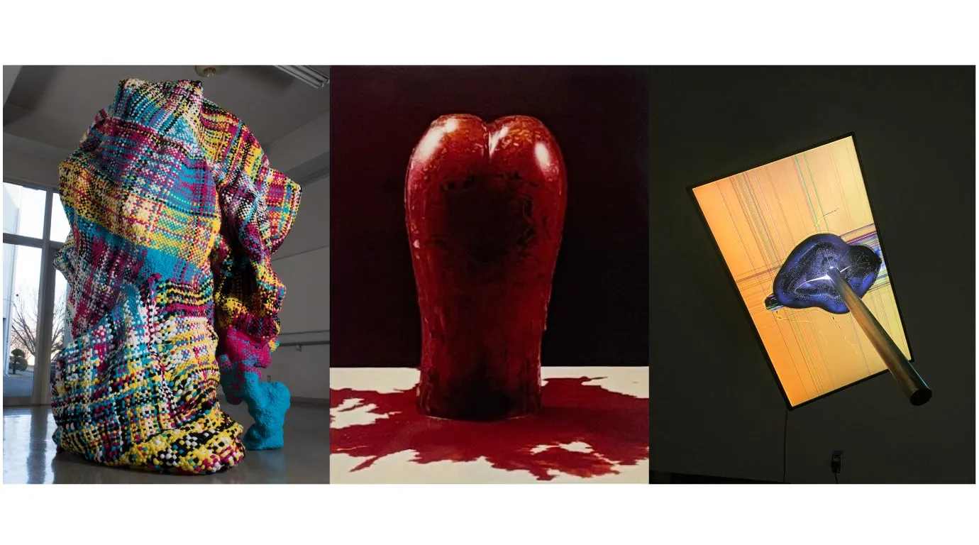 3つの芸術作品の画像。左側にはカラフルな織物の彫刻があり