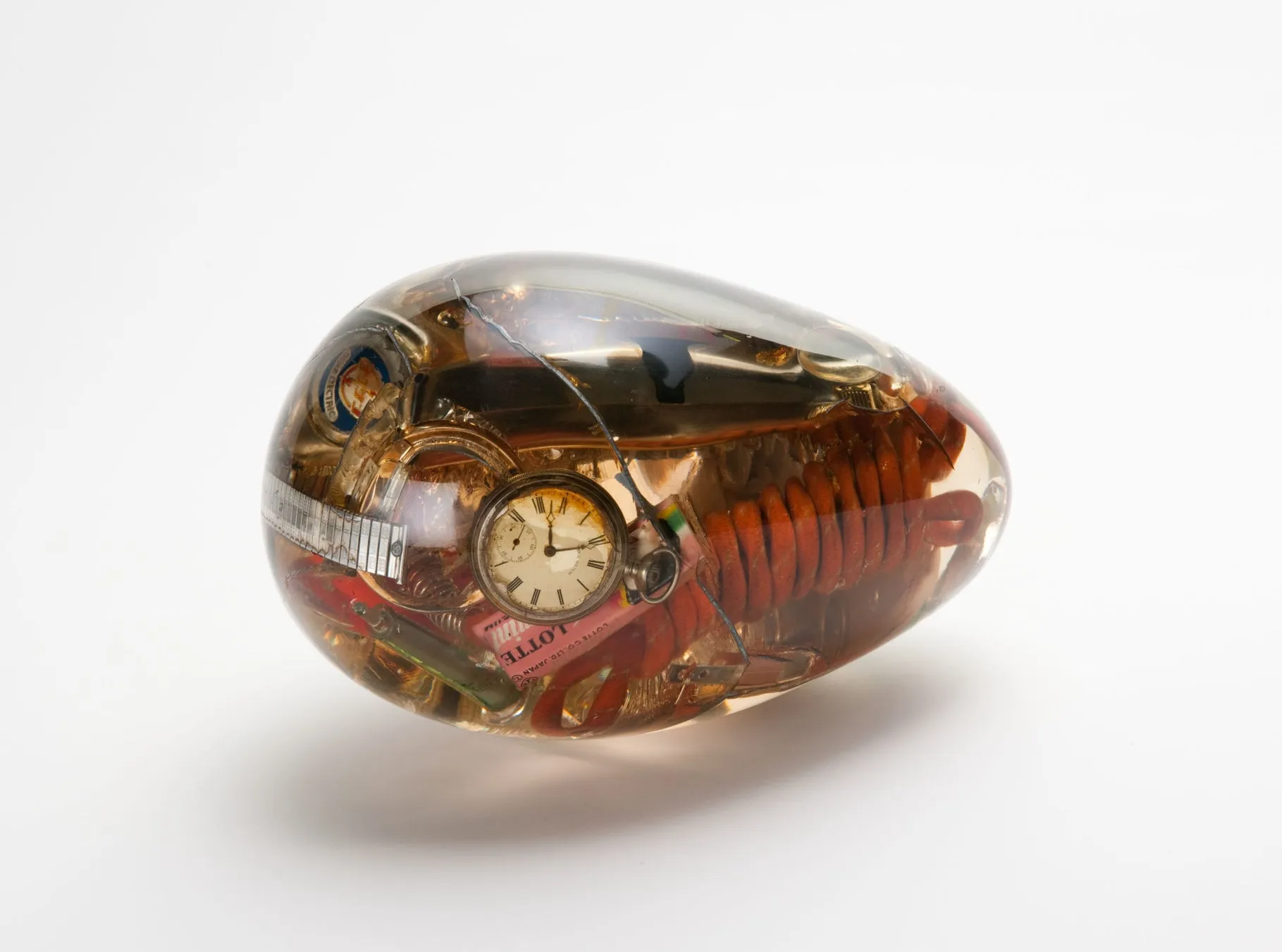 透明な樹脂の中に様々なオブジェクトが閉じ込められた芸術作品。