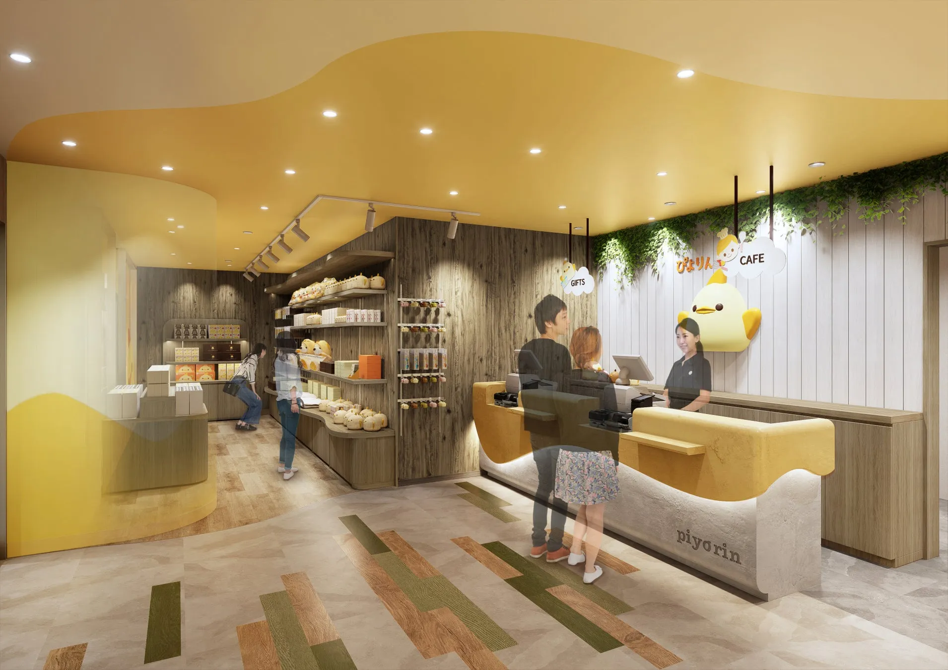 カフェの店内の様子。レジカウンターには店員がおり、客が二人並んでいる。店内には商品が並べられており、奥には別の客の姿が見える。天井には照明が設置され、全体的に明るい雰囲気。