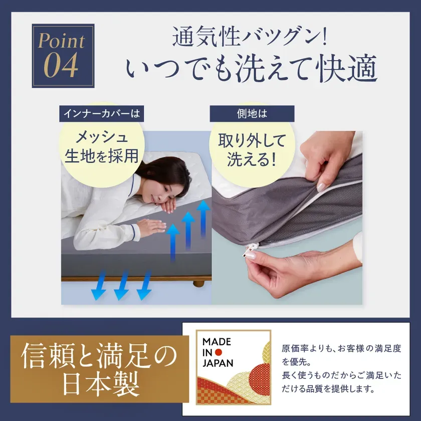 メッシュ生地を採用したインナーカバー、取り外して洗える側地、日本製で品質にこだわった商品を紹介する広告画像です。