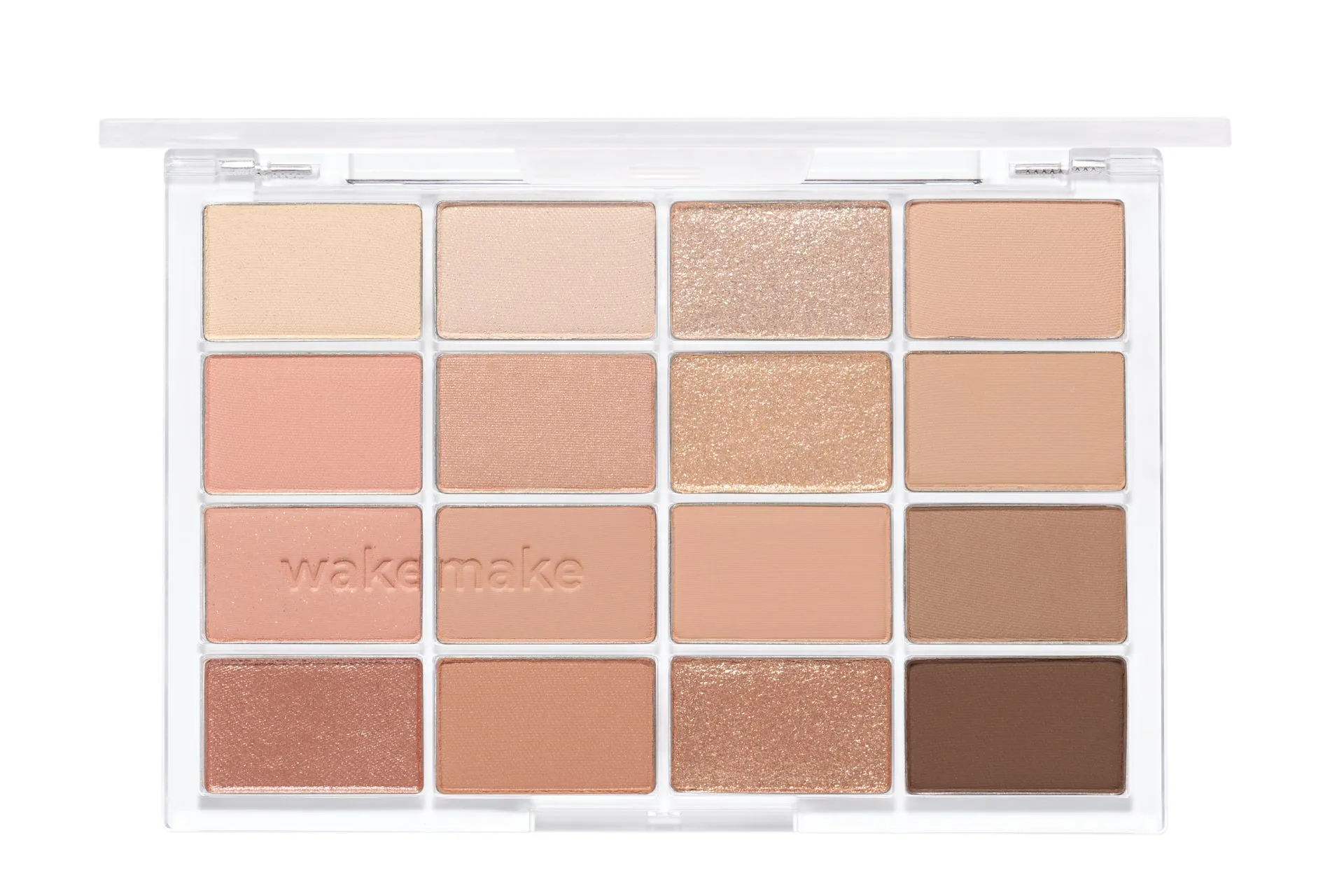 wake makeのアイシャドウパレットのクローズアップ画像です。パレットは12色で、さまざまなニュートラルカラーとキラキラした色合いが特徴です。パレットは白く、透明な蓋が付いています。