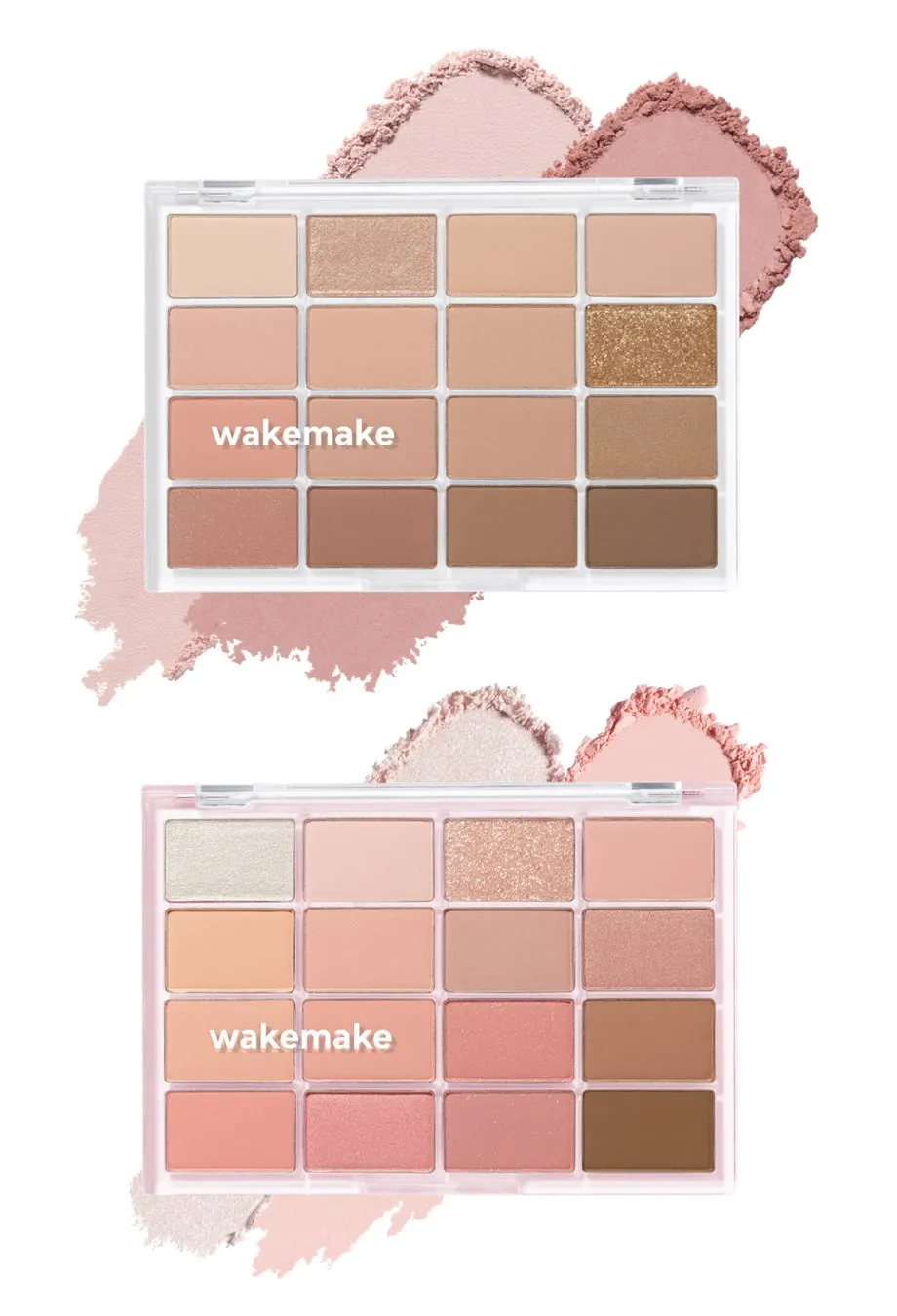 2つのアイシャドウパレットが写っている画像。パレットはそれぞれ12色で構成されており、様々な色合いのアイシャドウが並んでいる。パレットの横には、アイシャドウの色見本のような粉末が置かれている。