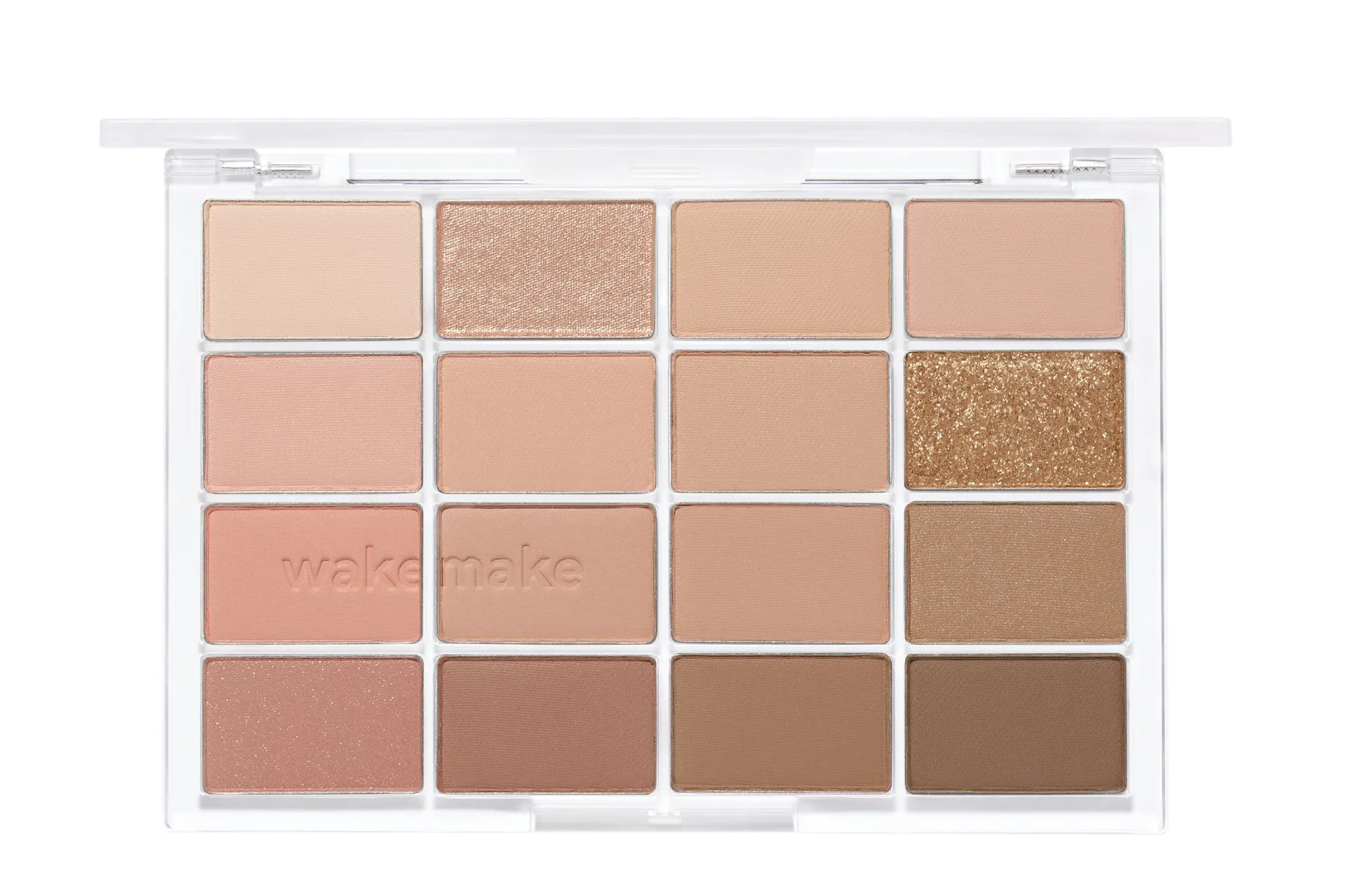 wakemakeのアイシャドウパレットのクローズアップ画像です。パレットは、さまざまな肌の色合いに合うように設計された、さまざまな色合いのアイシャドウで満たされています。パレットには、マット、シマー、グリッターの仕上げが含まれています。