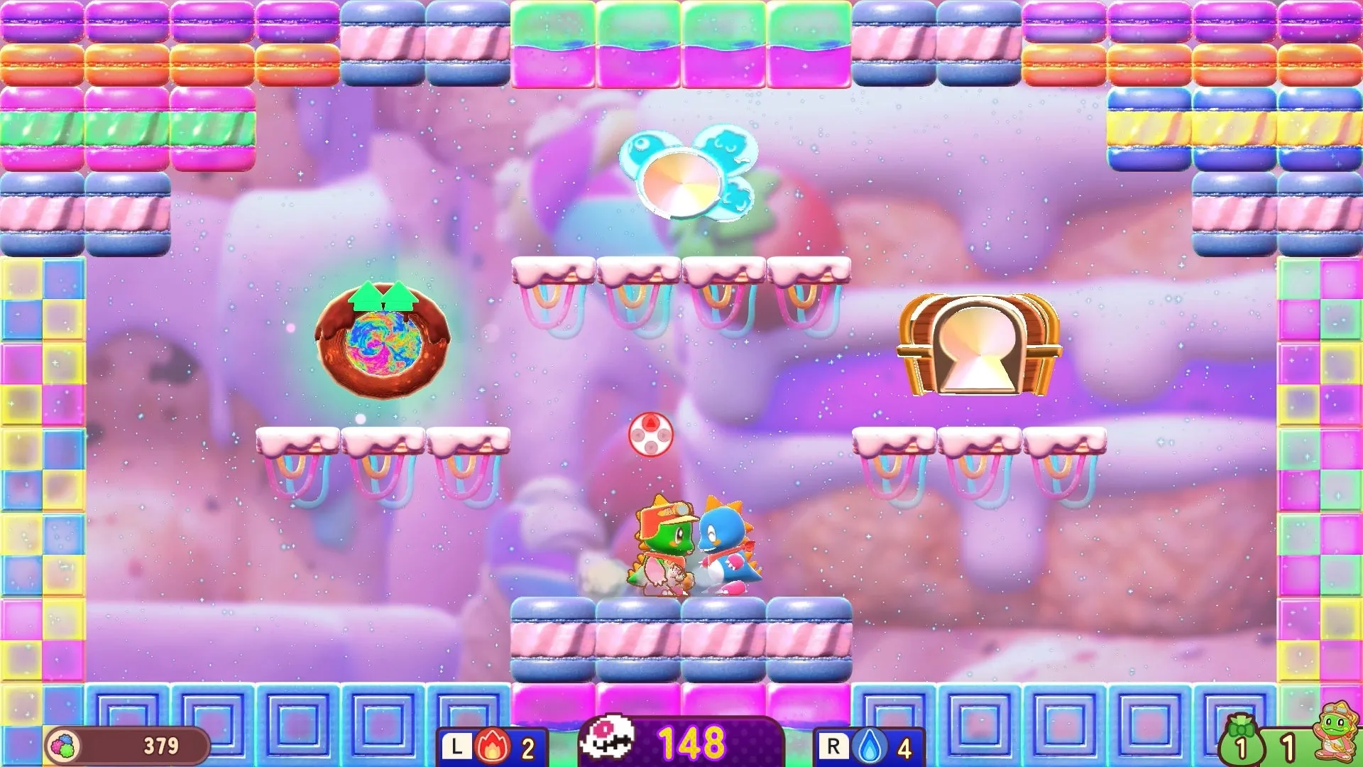 カラフルなブロックとキャラクターが登場するゲームのプレイ画面。キャラクターは互いに向き合っており、ゲームの目標や進行状況を示す要素が画面上に配置されています。