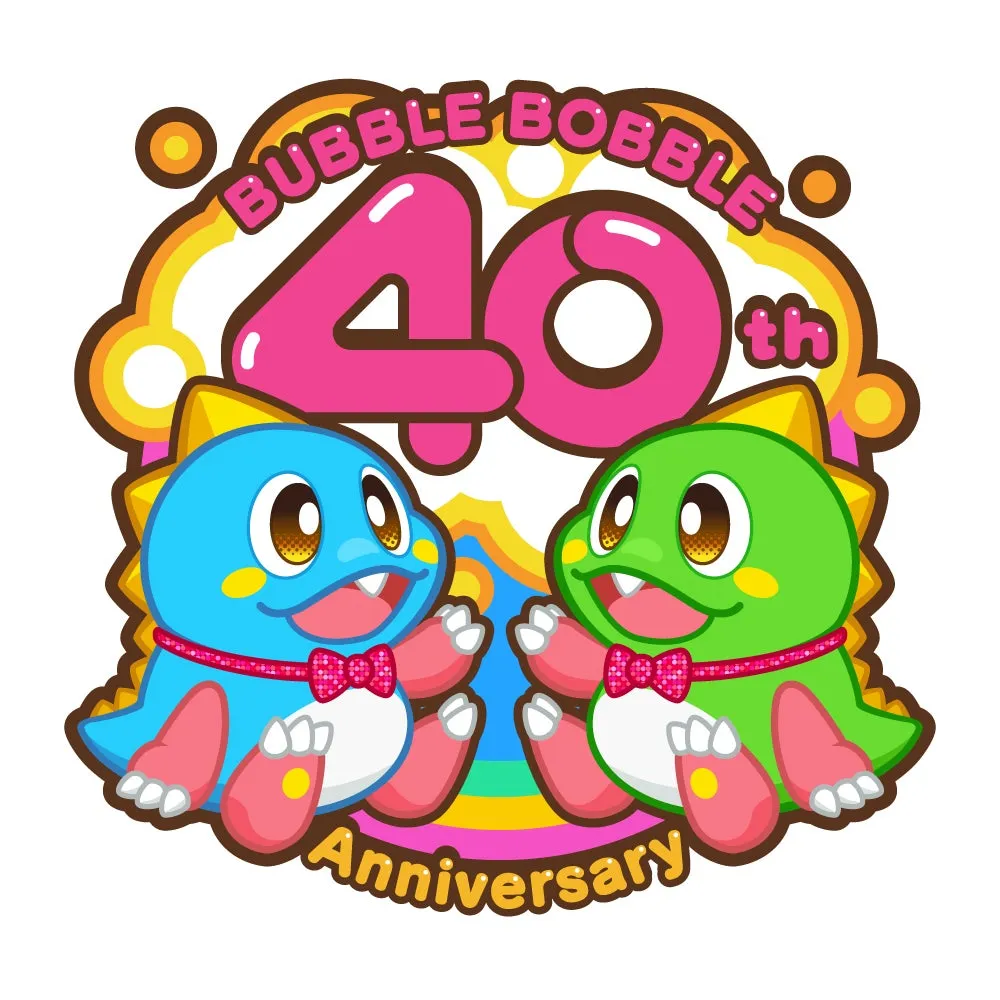 バブルボブル40周年記念のイラストです。青と緑の恐竜のキャラクターが、40の数字を囲むように描かれています。