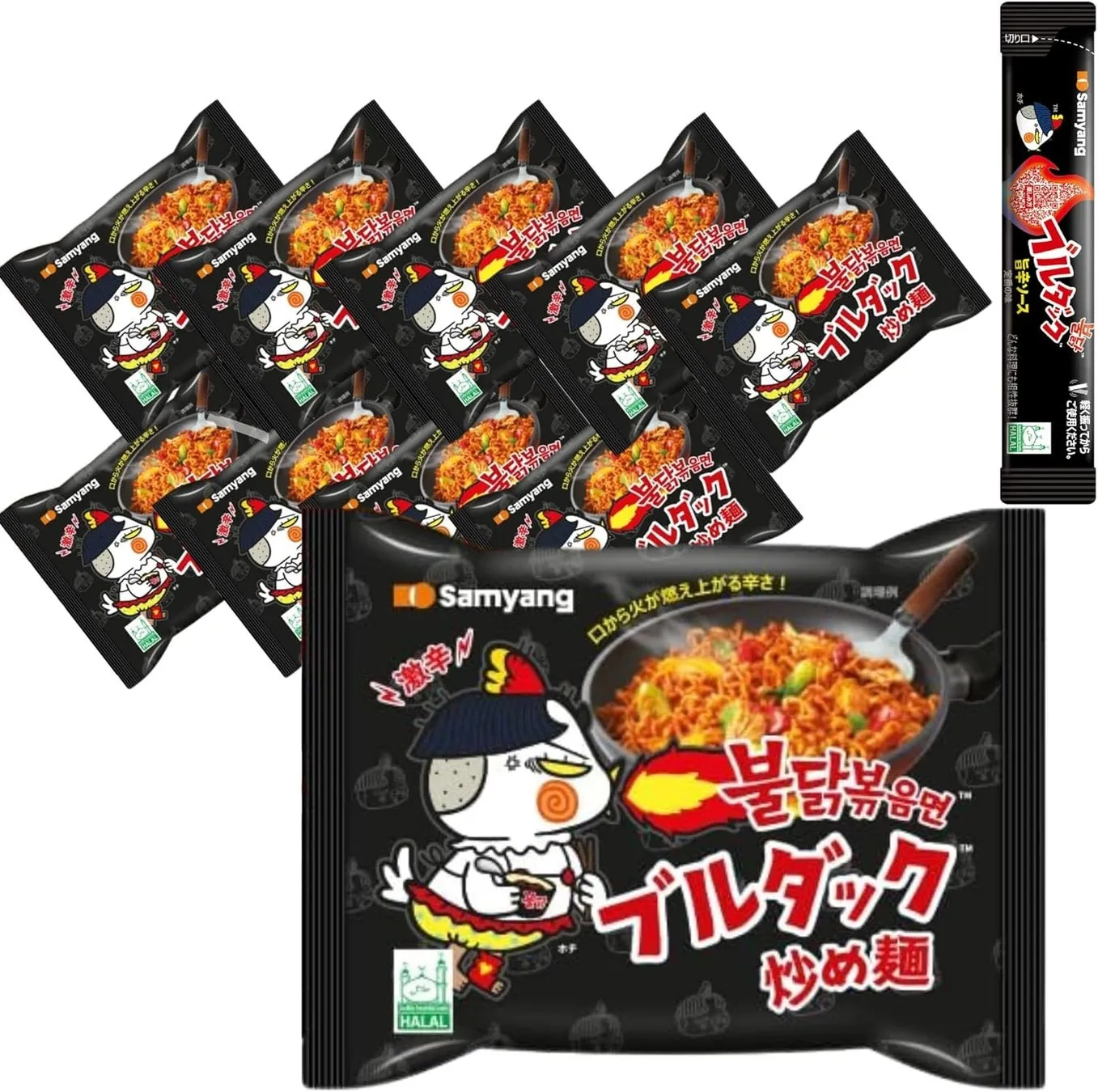 ブルダック炒め麺のパッケージが複数個写った画像