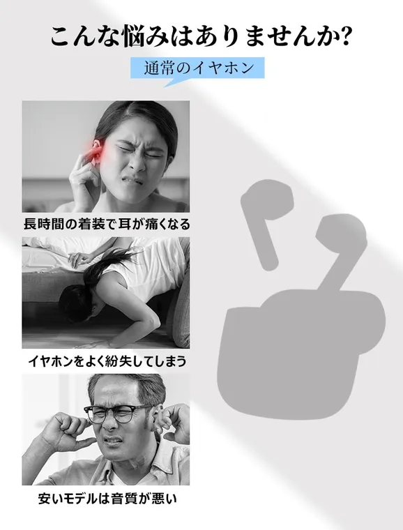 イヤホンの問題点と、それに対する疑問を投げかける画像です。長時間の装着による耳の痛み、イヤホンの紛失、音質の悪さといった問題点が示されています。