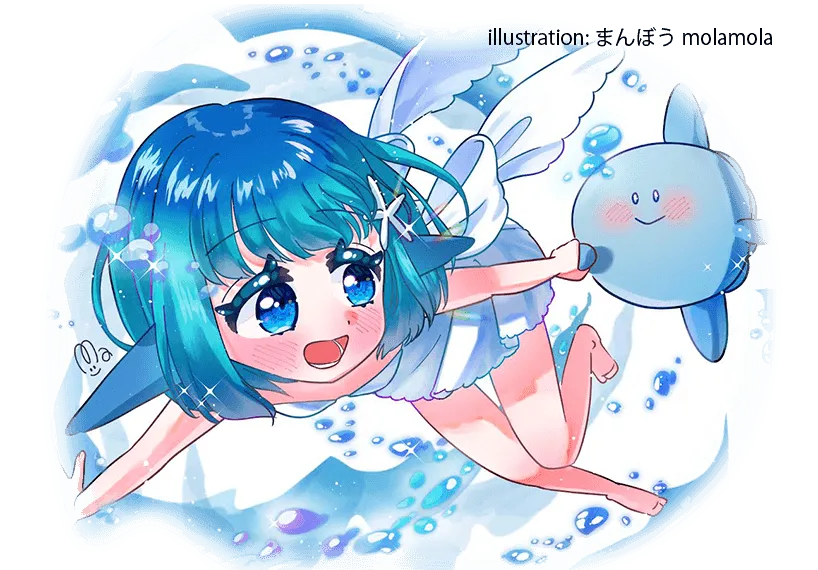 水色の髪と目の女の子が、マンボウのキャラクターと一緒に泡の中にいるイラスト。