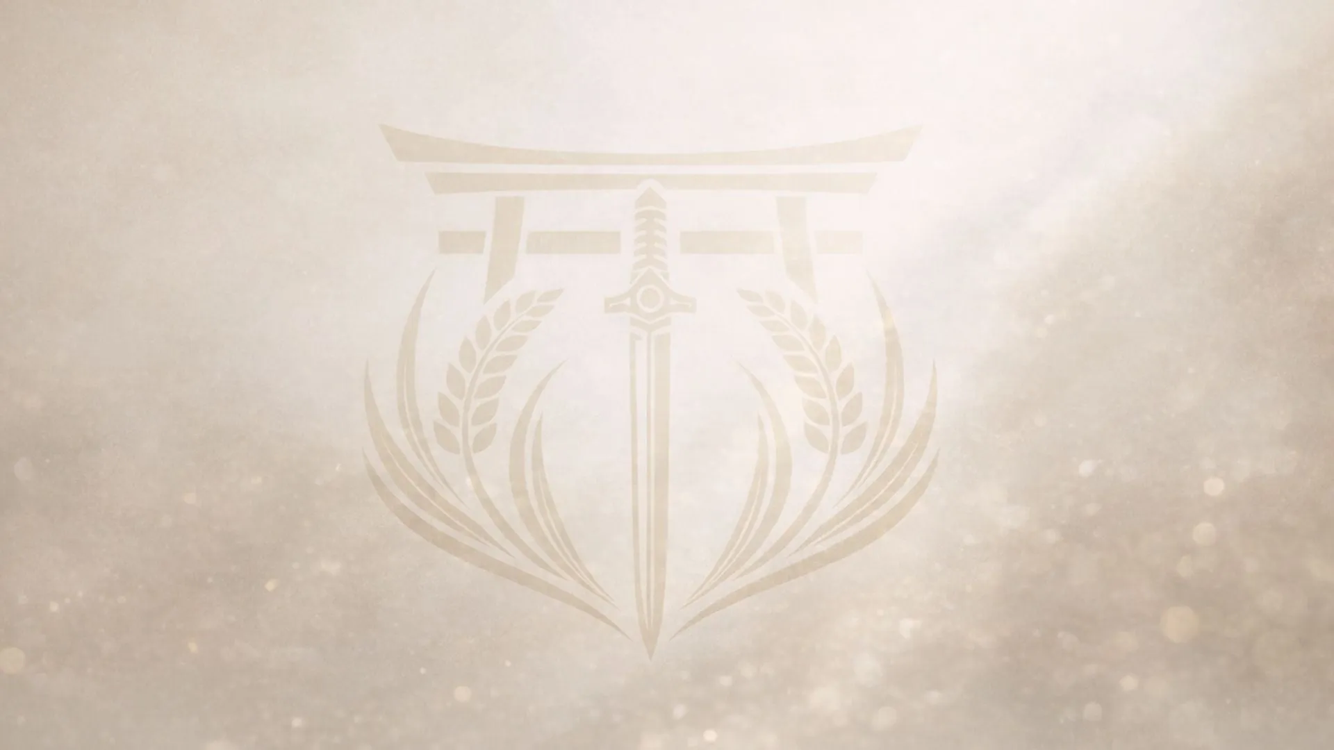 中央に剣があり、周りを稲穂と鳥居のようなもので囲んだデザインの画像です。背景は薄いベージュ色で、全体的に落ち着いた雰囲気です。