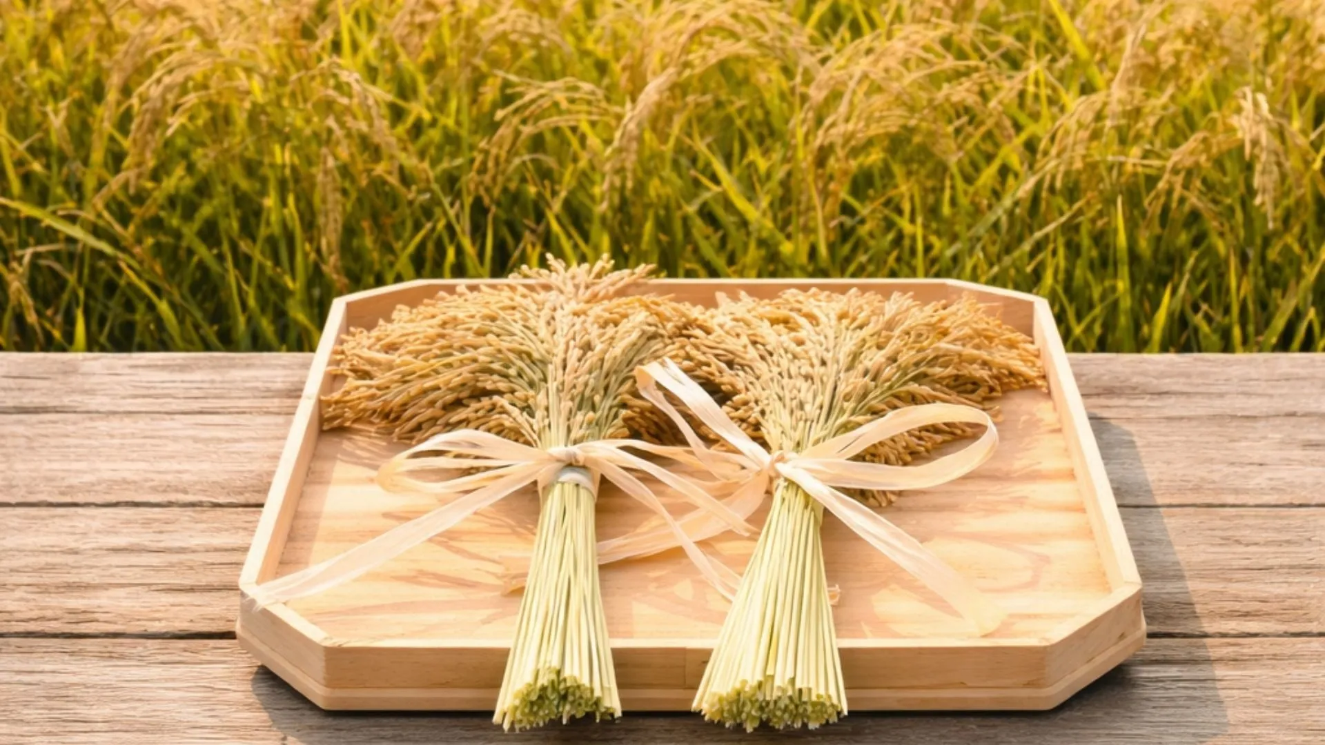 木製のトレイに、リボンで束ねられた稲穂が2つ置かれ、背景には稲穂の畑が広がっています。木製のテーブルの上に置かれています。