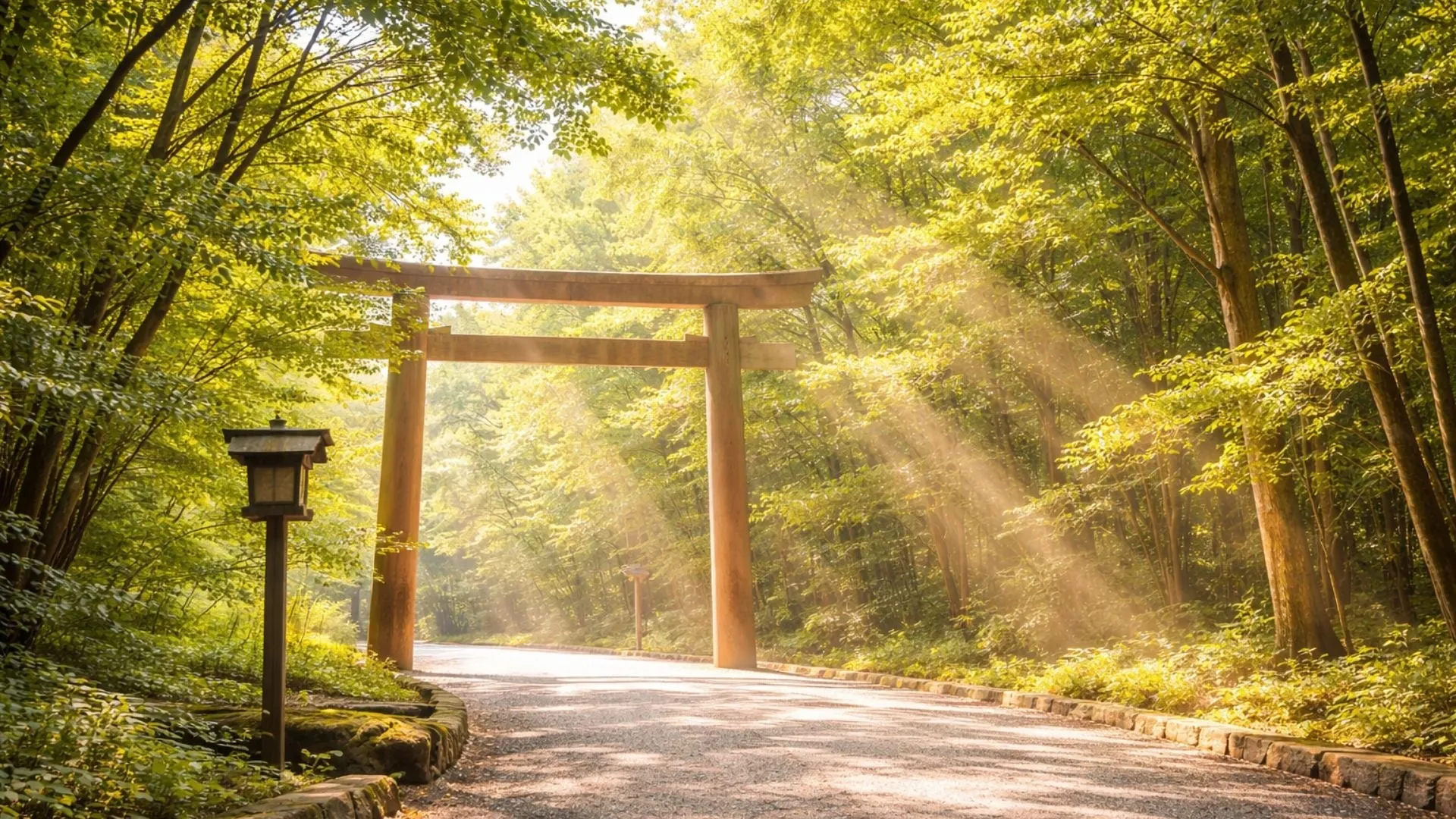 木製の鳥居と並木道。木漏れ日が差し込む美しい風景。