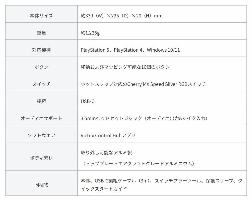 ゲーミングデバイスの仕様表。サイズ、重量、対応機種、ボタン数、スイッチの種類、接続方法、オーディオサポート、ソフトウェア、ボディ素材、同梱物が記載されています。