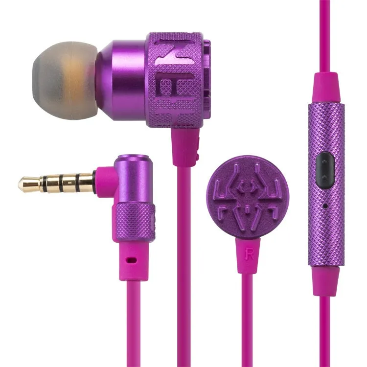 紫色のイヤホン。右耳用を示す「R」の文字がイヤホンの部品に記されている。