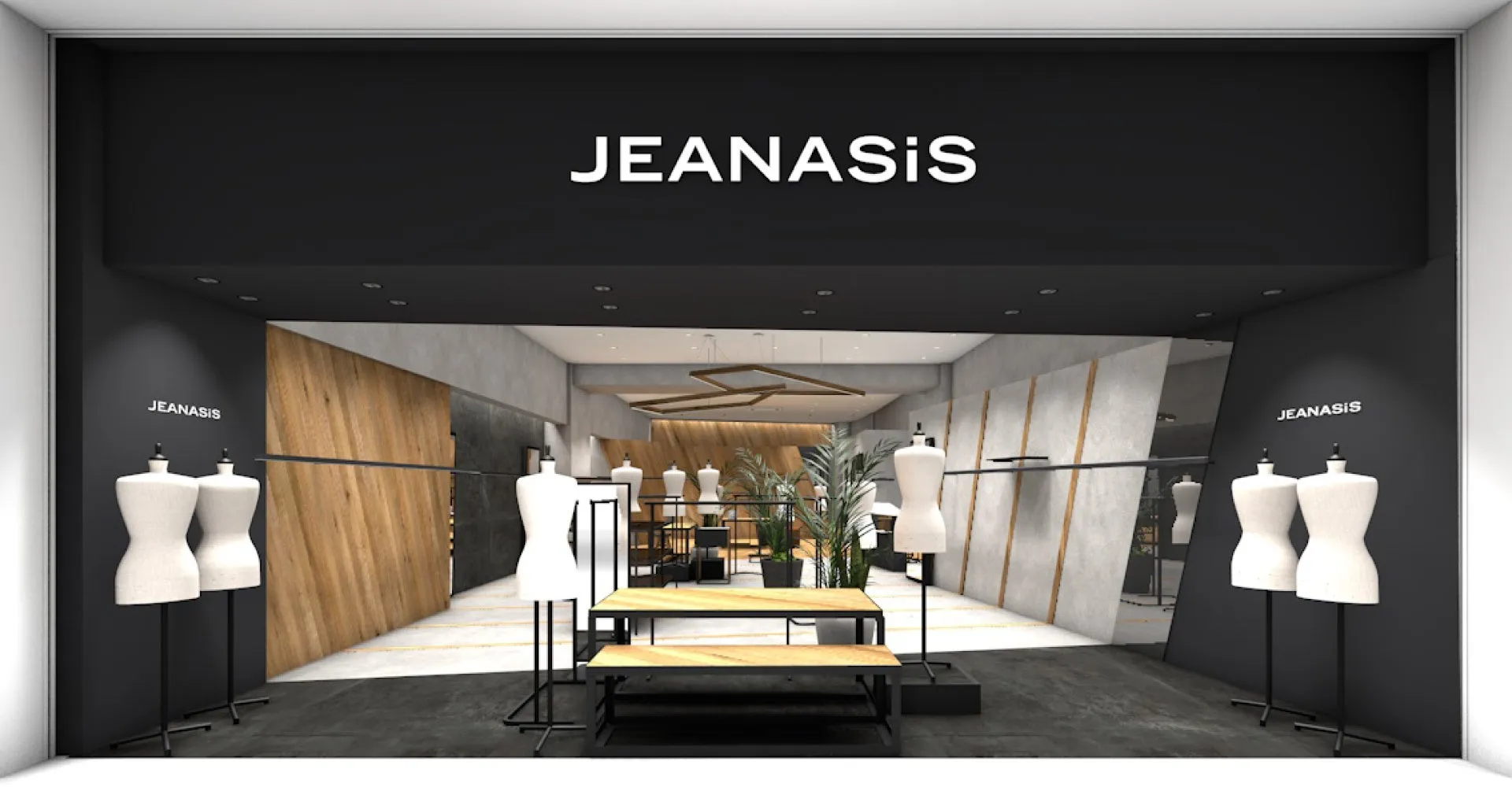 JEANASiS店舗の様子を描いた画像です。マネキンが配置され、内装は木材とコンクリート調の壁が組み合わされています。照明も特徴的で、洗練された空間を演出しています。