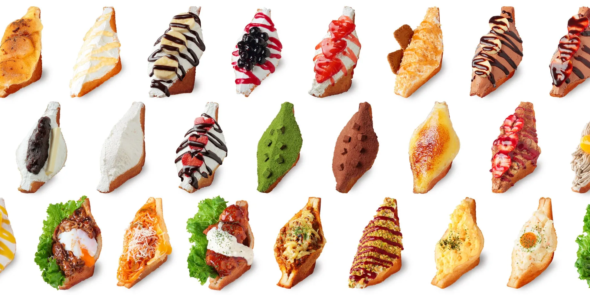 様々なトーストが並んだ写真。甘いものからおかず系まで、様々なトッピングがされている。