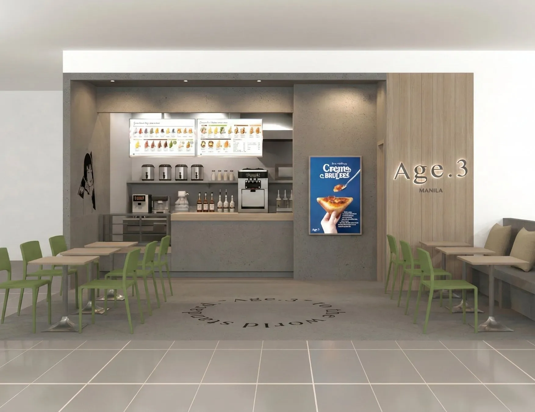 カフェのインテリア写真。店舗内には、テーブルと椅子が配置されており、メニューボードやポスターが見える。床には装飾が施されている。