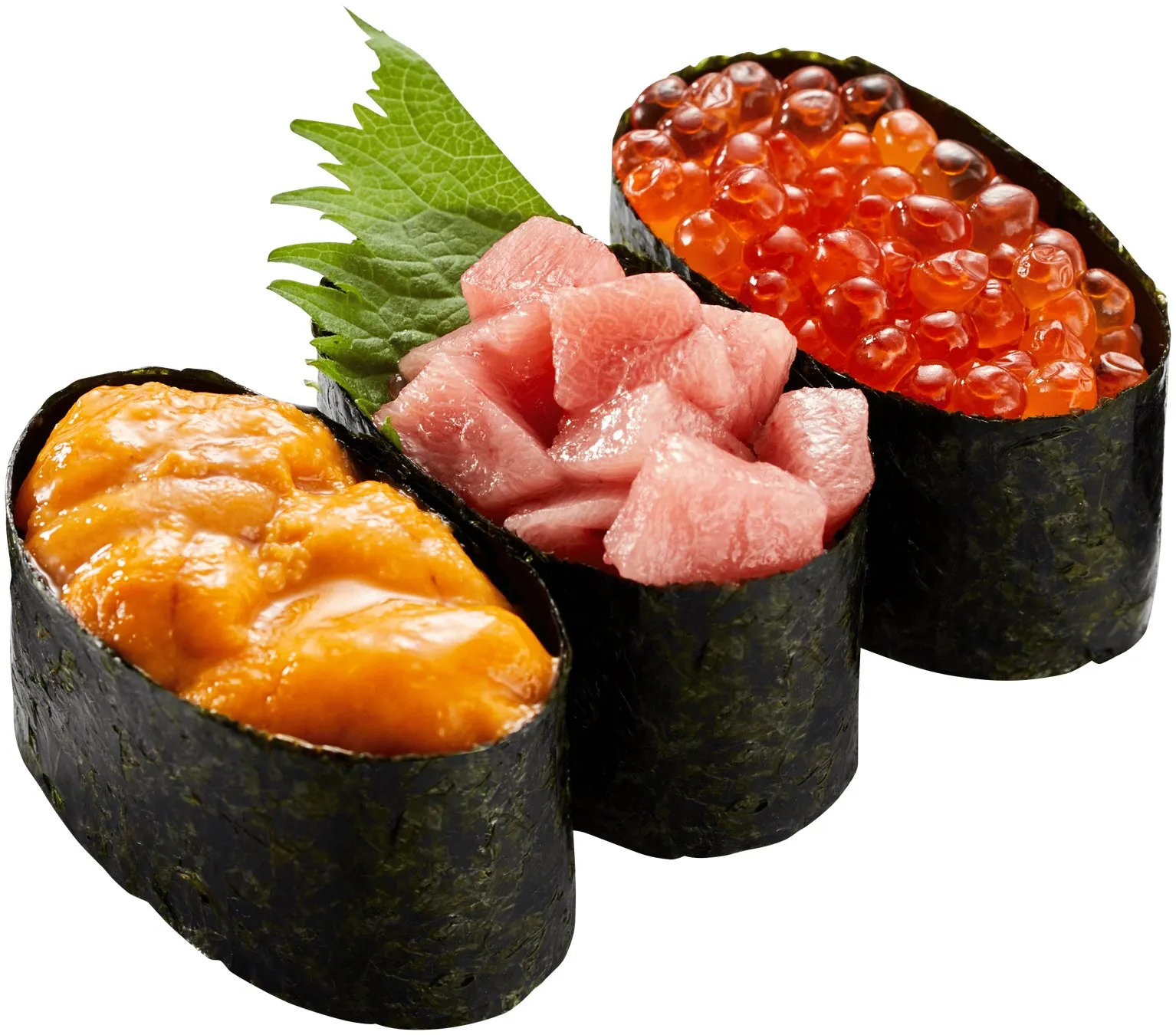 ウニ、マグロ、イクラの軍艦巻きが3つ並んだ写真です。