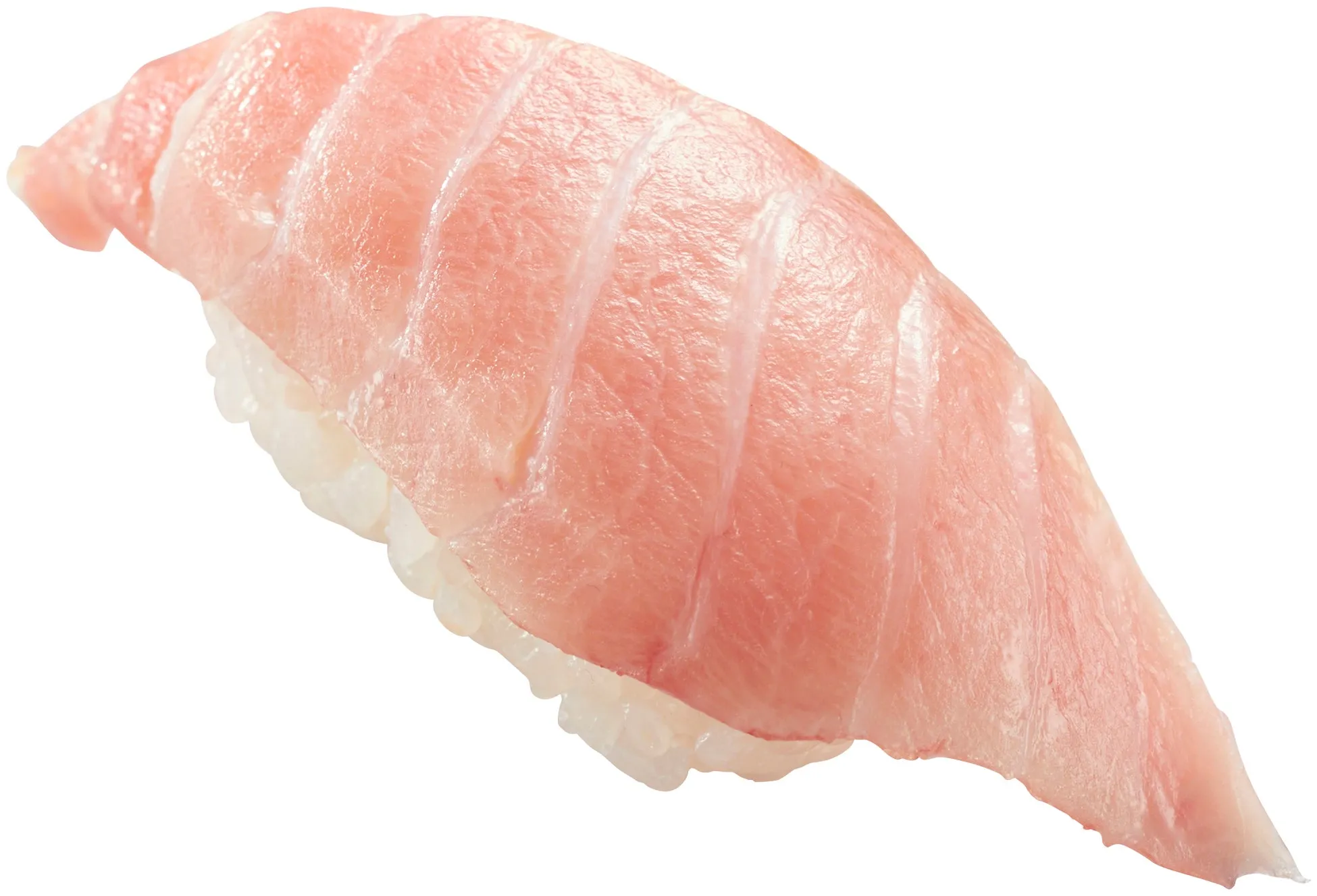 マグロの握り寿司のクローズアップ写真。白い背景にマグロの赤身が美しく映える。