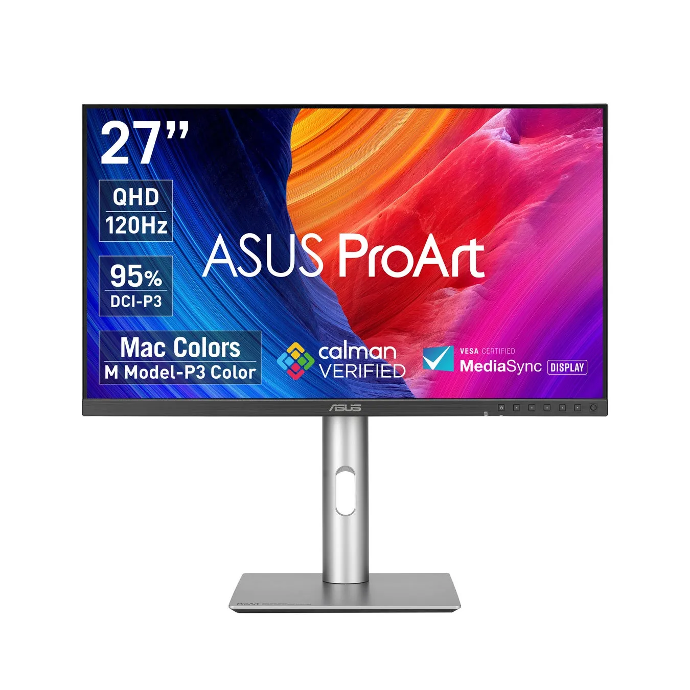 ASUS ProArtモニターの画像。画面サイズは27インチ、QHD解像度、120Hzのリフレッシュレート、95% DCI-P3の色域に対応しています。