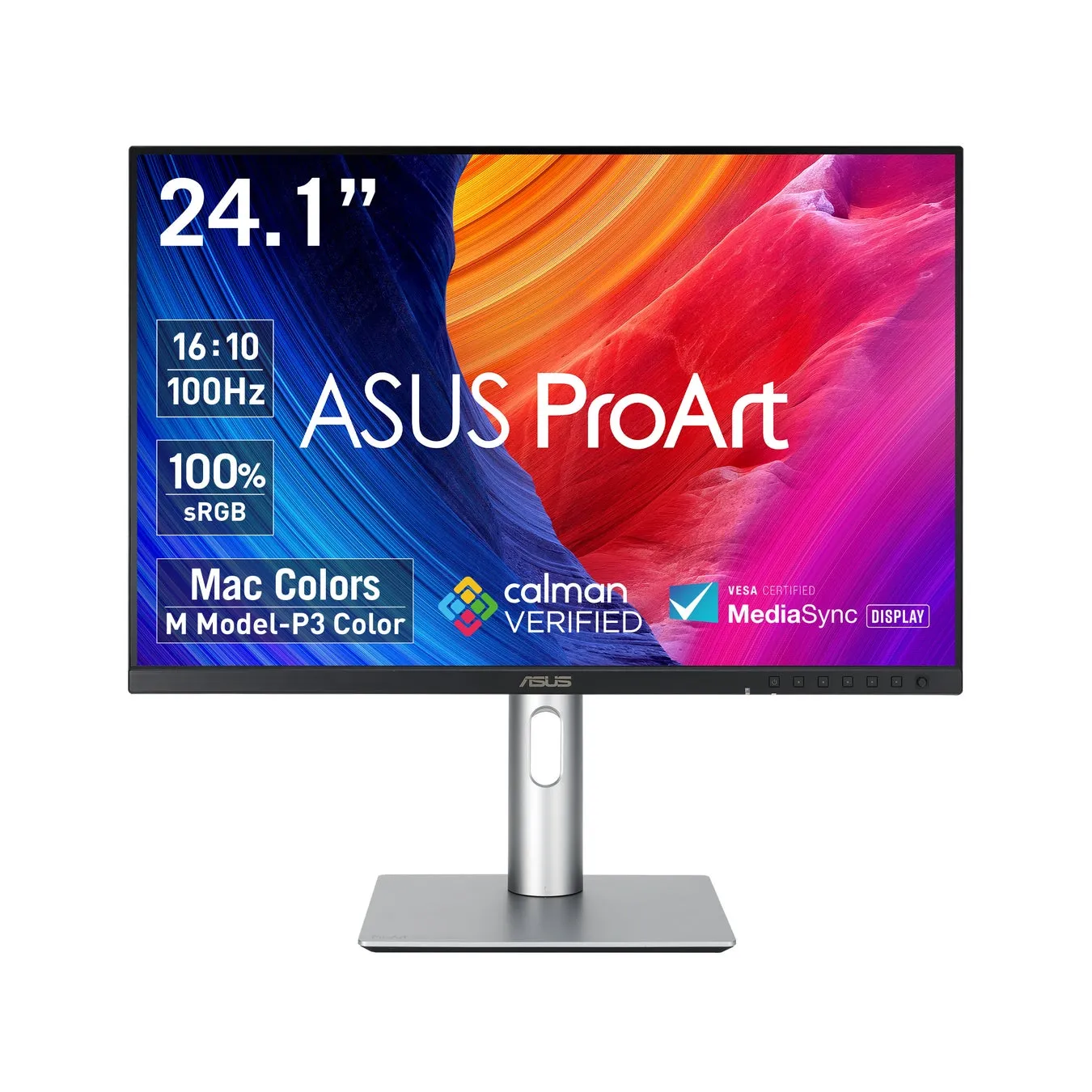 ASUS ProArtモニターの画像。24.1インチ、16:10、100Hz、100% sRGB、Mac Colors、calman VERIFIED、VESA CERTIFIED、MediaSync DISPLAYなどの特徴があります。