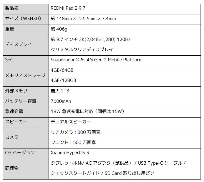 REDMI Pad 2 9.7 製品仕様