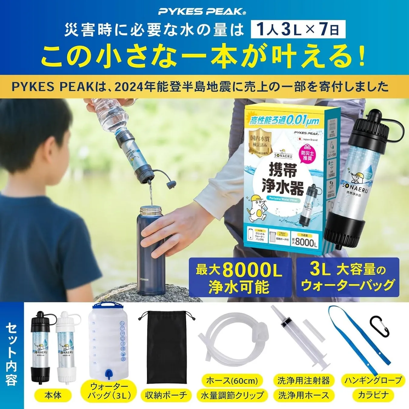携帯浄水器「SONAERU」の広告画像。災害時に必要な水の量をアピールし、浄水器の性能やセット内容を紹介しています。