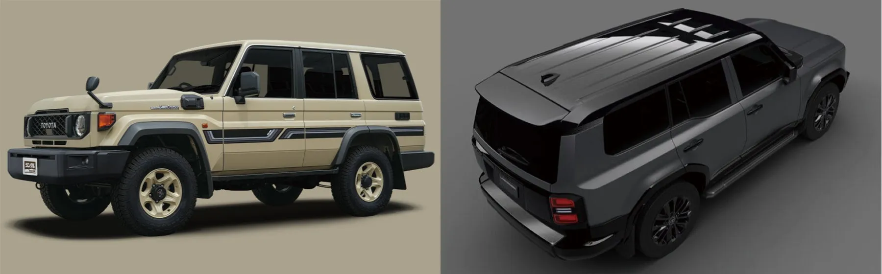 2台の自動車が並んで写っている画像です。左側にはベージュ色のトヨタ ランドクルーザー 70系のような車があり、右側には黒色のSUVのような車があります。
