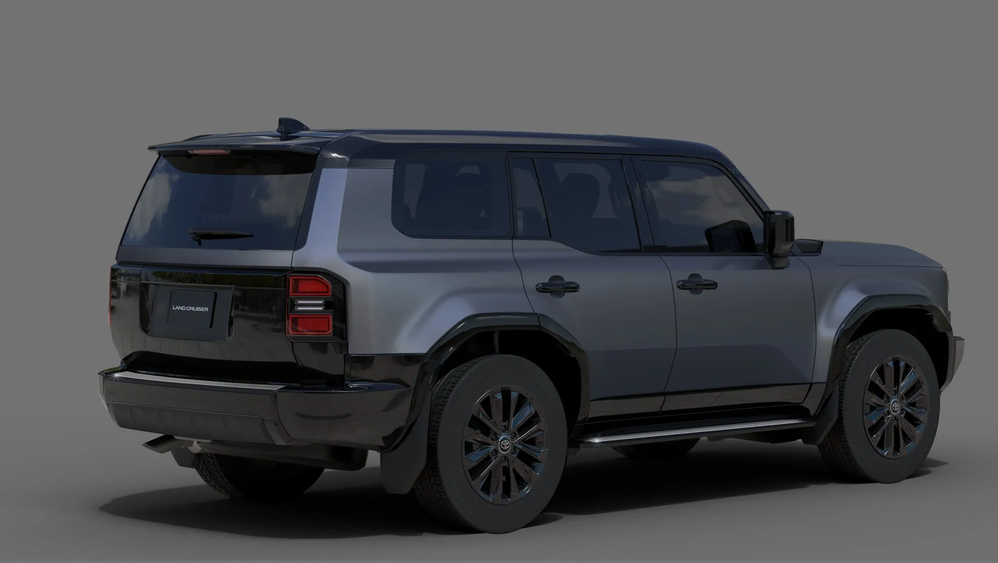 トヨタ ランドクルーザーの画像。グレーの車体で、黒のアクセントが施されています。背景はグレーです。