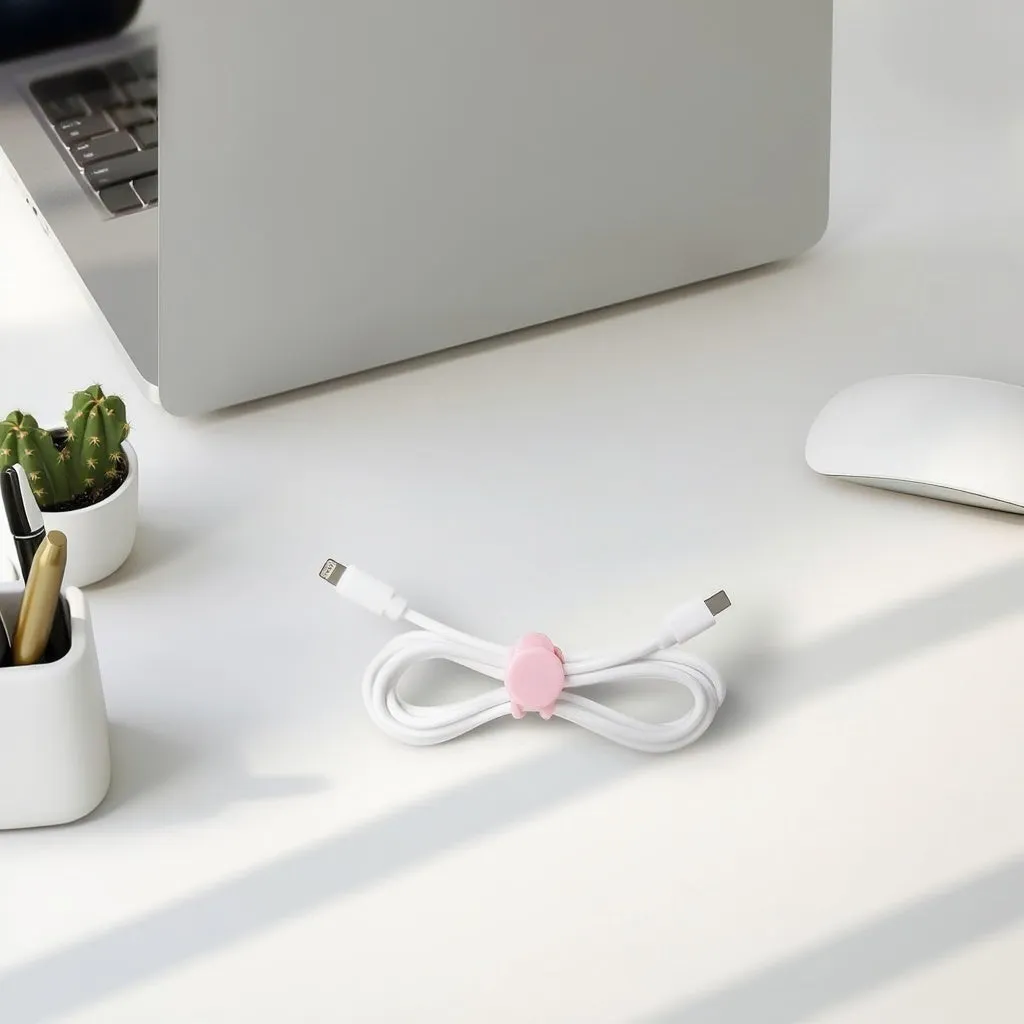 白いケーブルがピンクのケーブルホルダーでまとめられており、机の上に置かれています。パソコン、マウス、観葉植物、ペン立てなどの周辺アイテムも写っています。