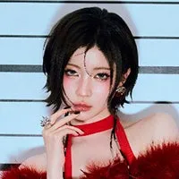 赤いドレスを着た女性のポートレート。背景には青い壁と白い線があり、逮捕写真のようだ。